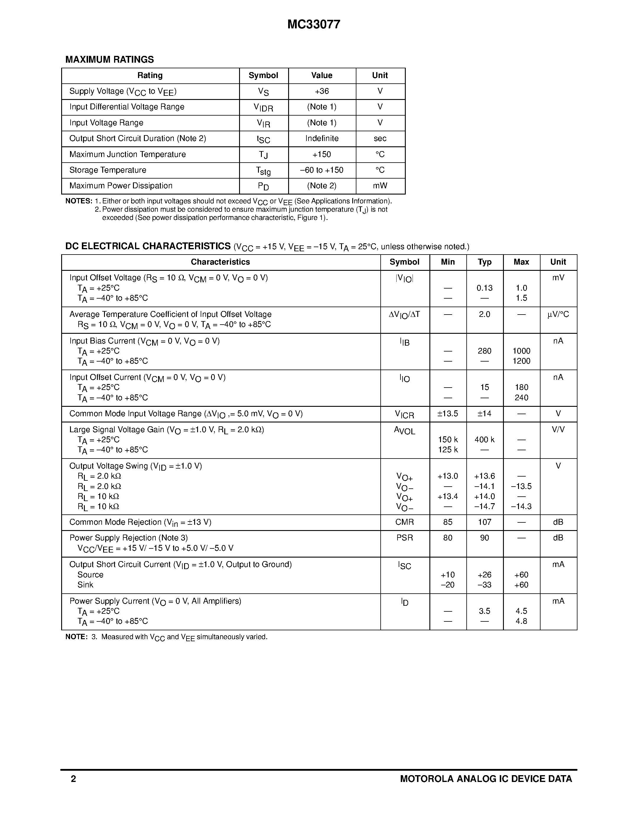 Даташит на микросхему MC33077 страница 2 Даташит MC33077 - LOW NOISE OPERATIONAL AMPLIFIER страница 2