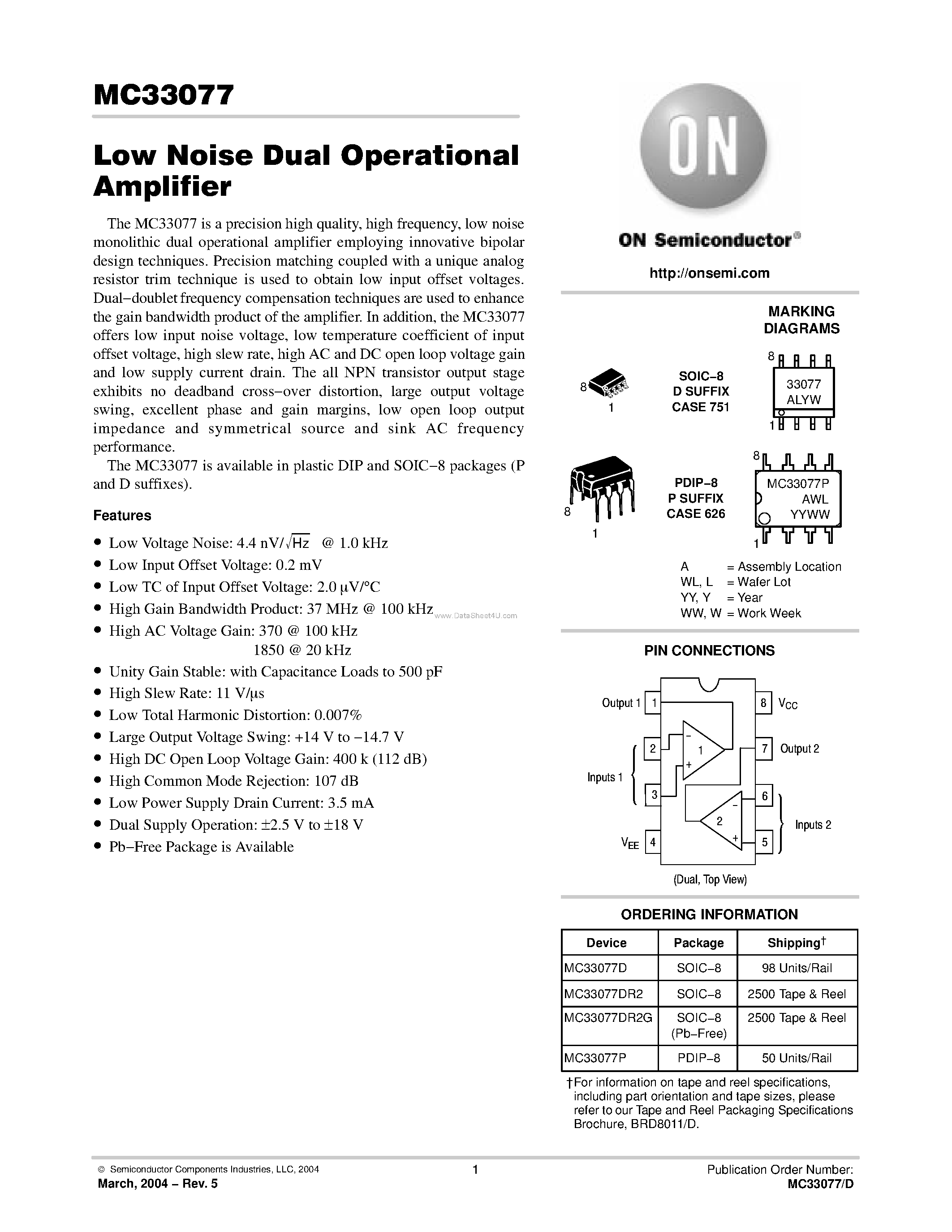 Даташит MC33077 - Low Noise Dual Operational Amplifier страница 1