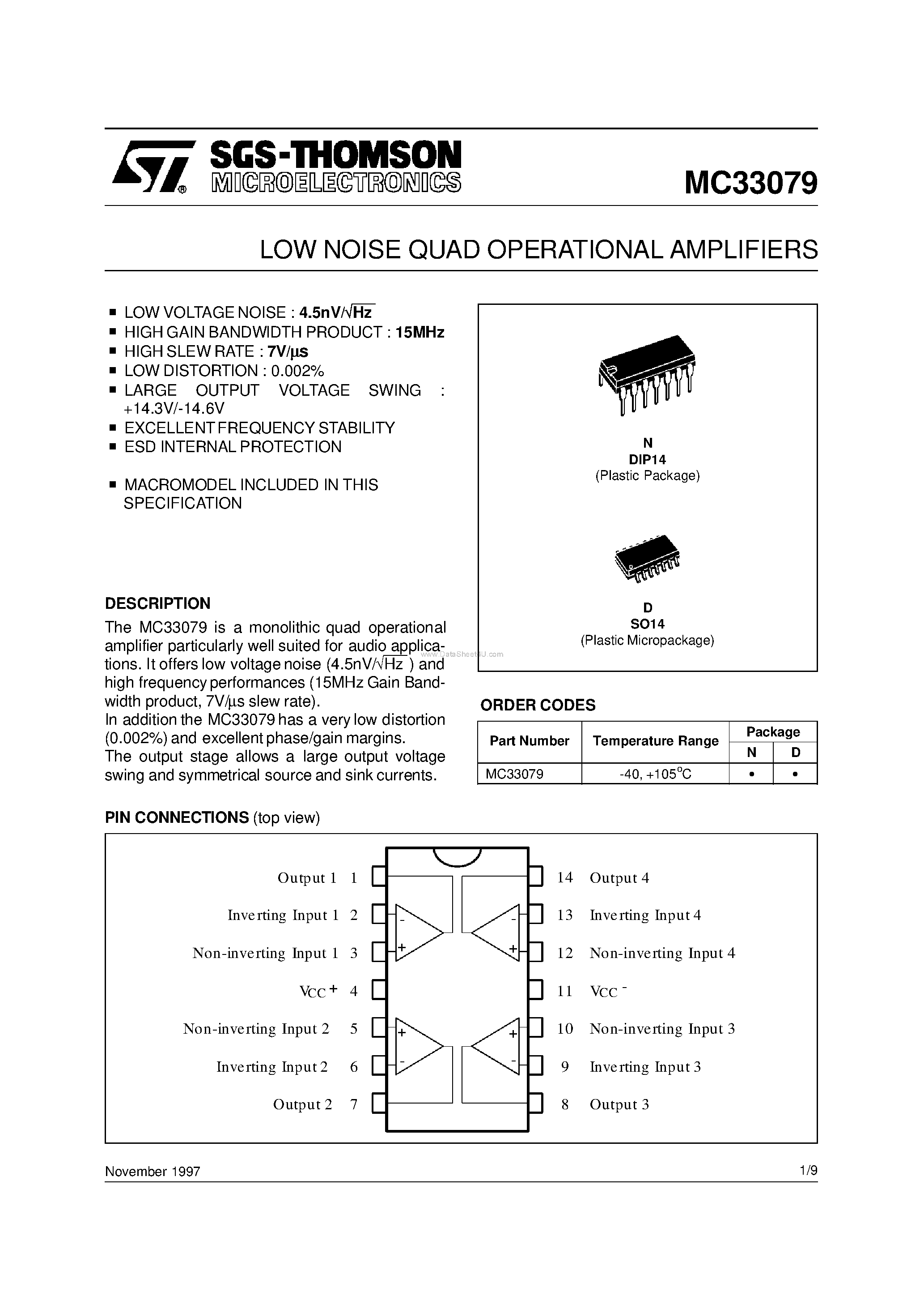 Даташит на микросхему MC33079 страница 1 Даташит MC33079 - LOW NOISE QUAD OPERATIONAL AMPLIFIERS страница 1
