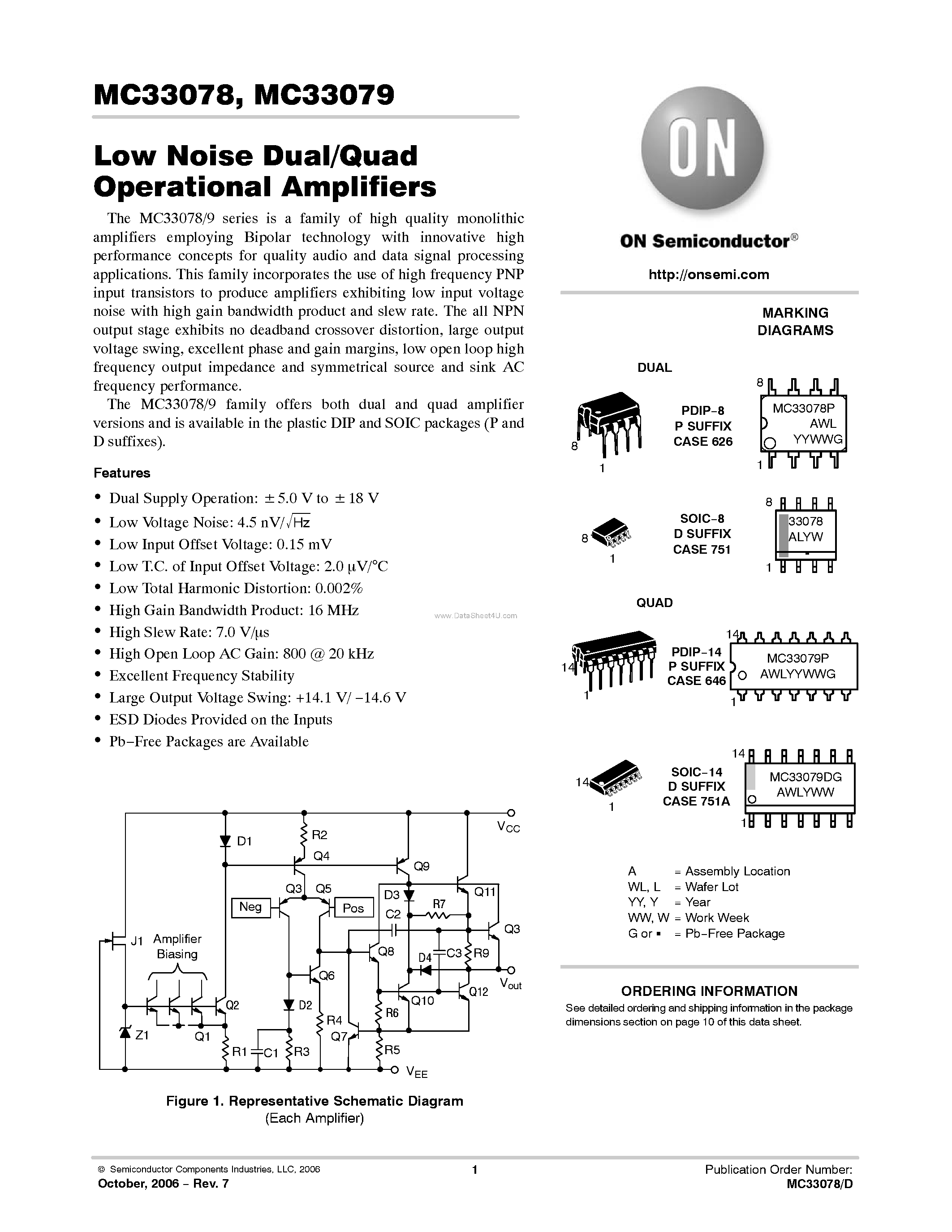Даташит на микросхему MC33079 страница 1 Даташит MC33079 - Low Noise Dual/Quad Operational Amplifiers страница 1