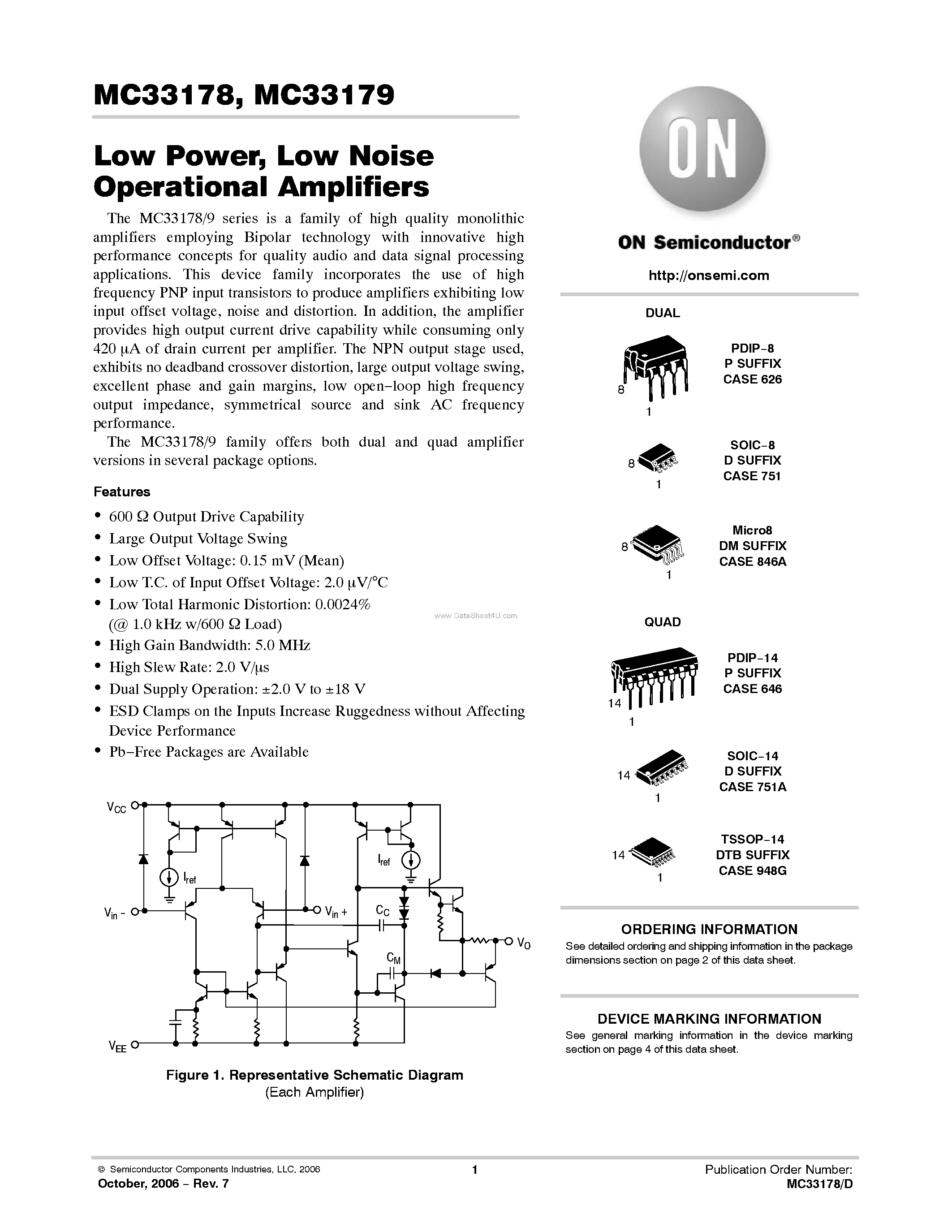 Даташит MC33178 - (MC33178 / MC33179) Low Noise Operational Amplifiers страница 1