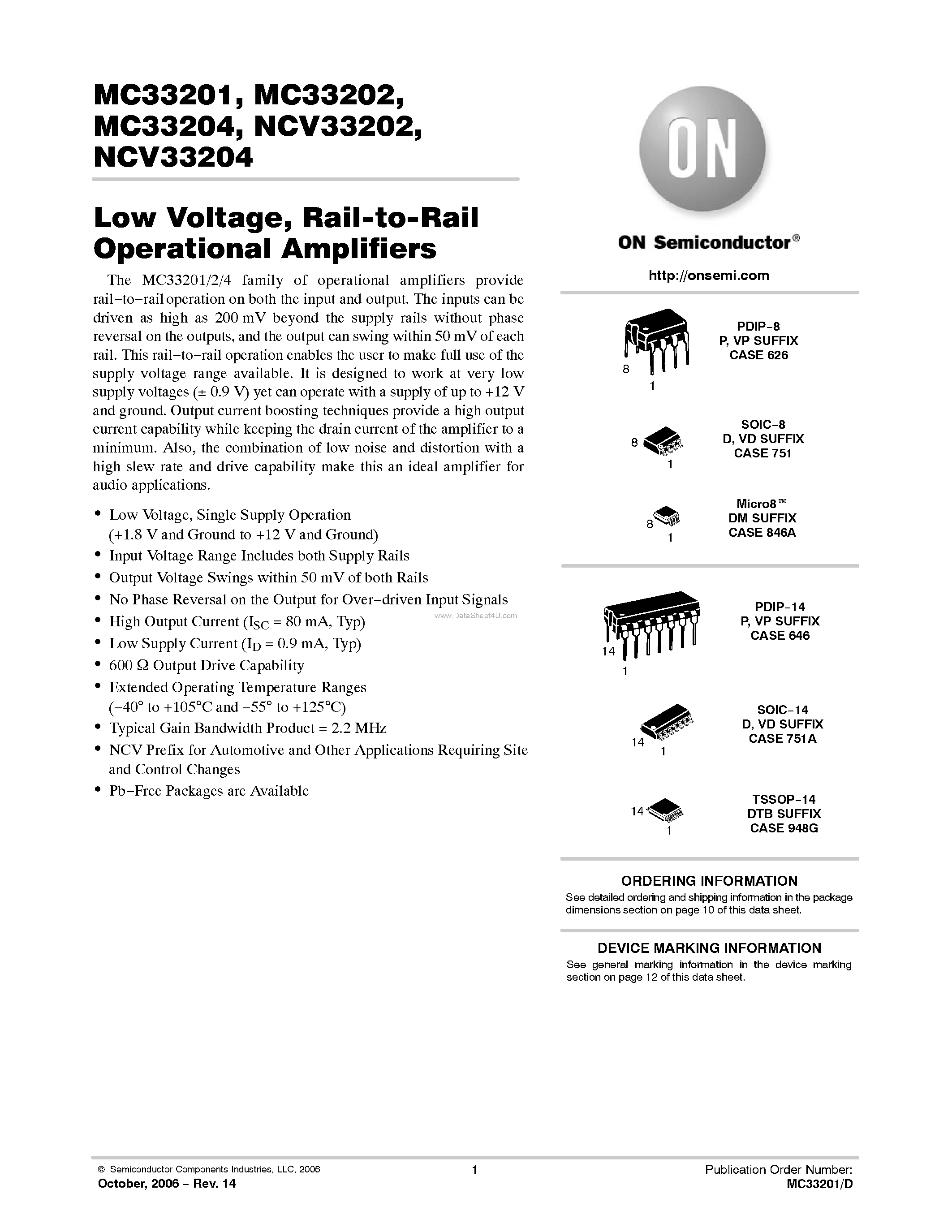 Даташит MC33201 - (MC33201 - MC33204) Rail-to-Rail Operational Amplifiers страница 1