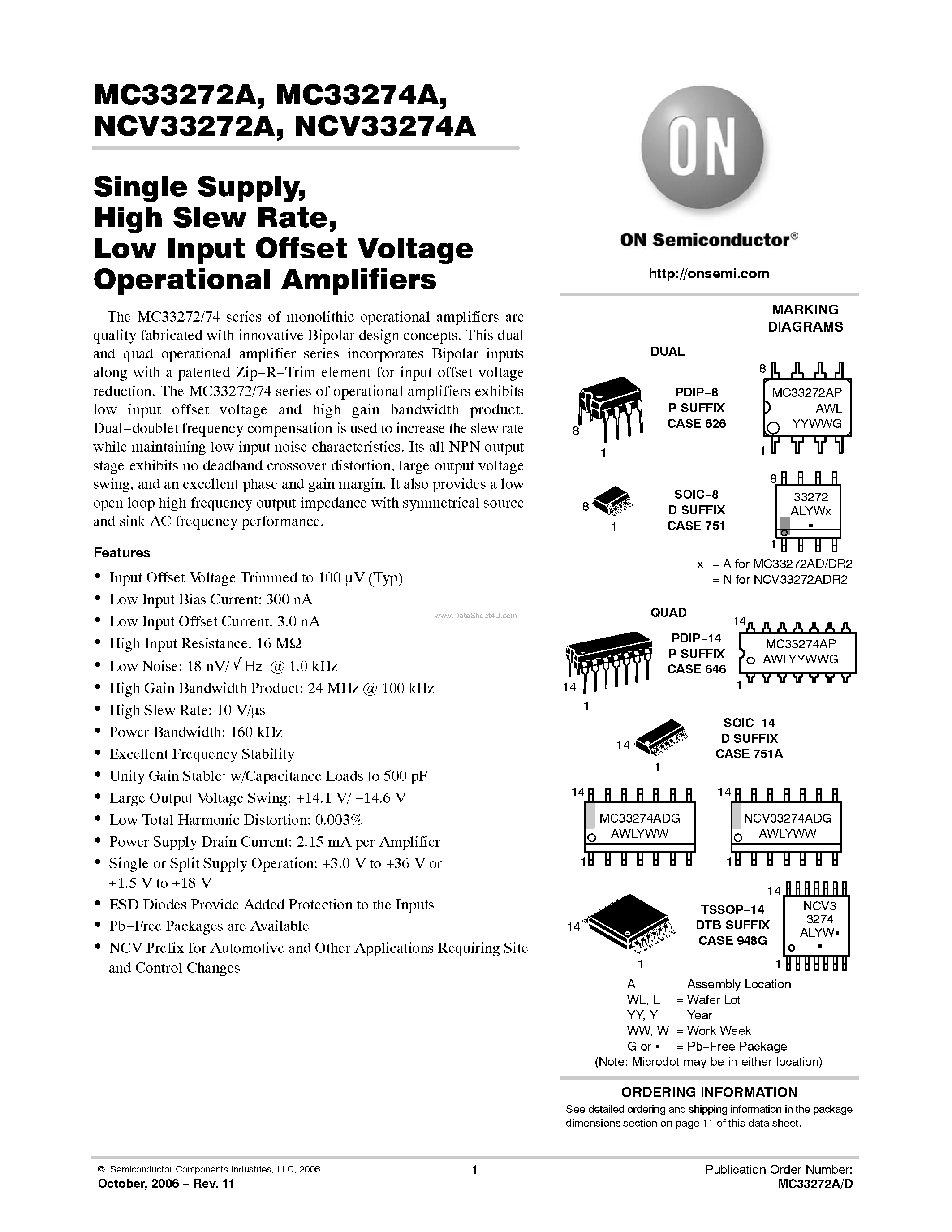 Datasheet MC33272A - (MC33272A / MC33274A) Low Input Offset Voltage Operational Amplifiers page 1