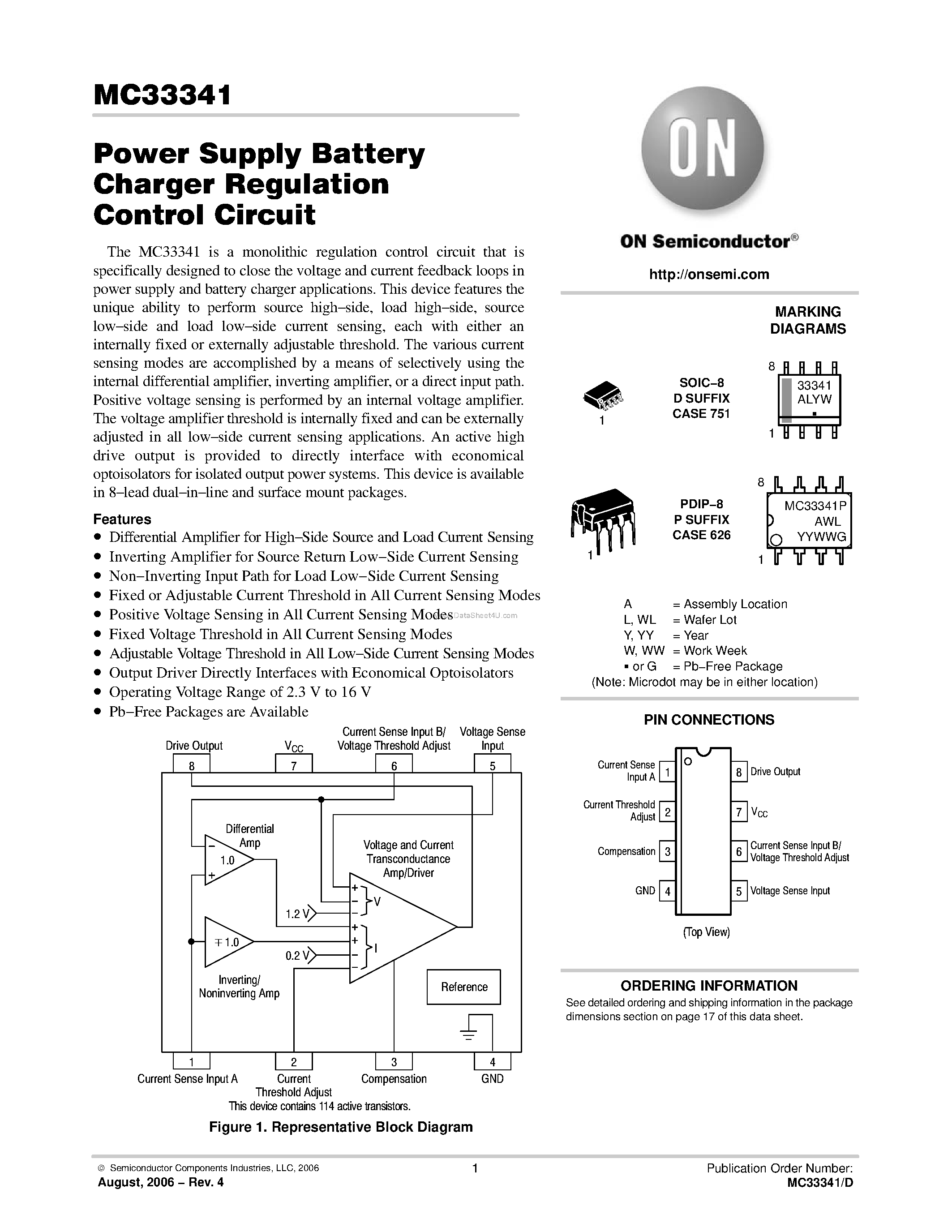 Datasheet MC33341 page 1 Datasheet MC33341 - Power Supply Battery Charger Regulation Control Circuit page 1