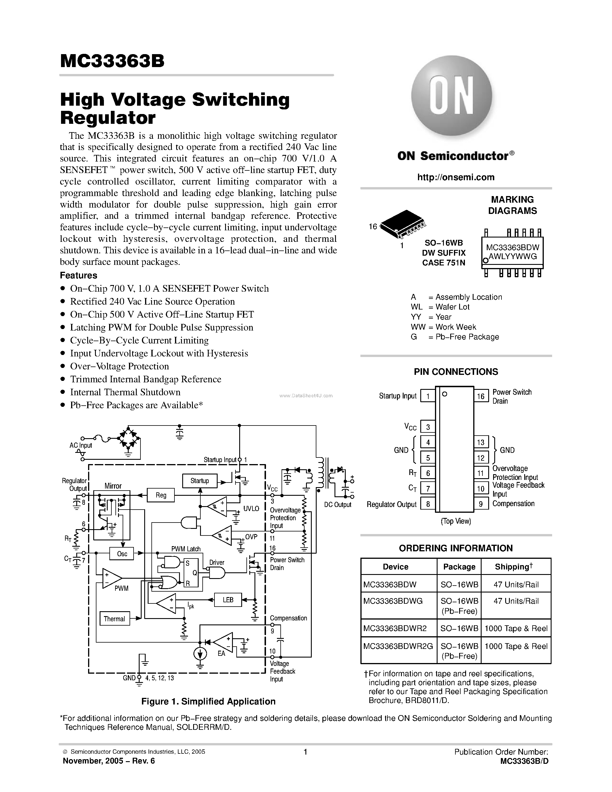 Datasheet MC33363B page 1 Datasheet MC33363B - High Voltage Switching Regulator page 1