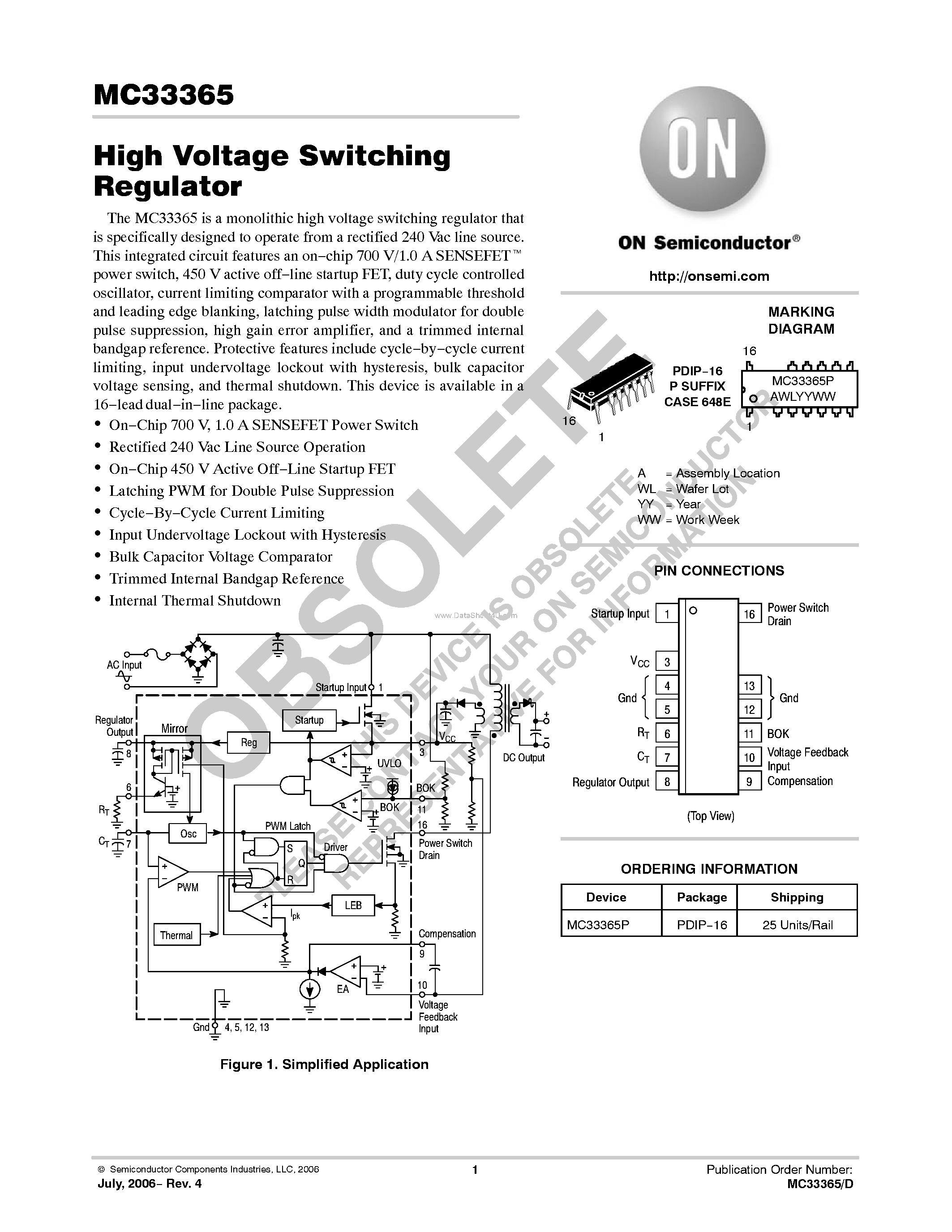 Datasheet MC33365 page 1 Datasheet MC33365 - High Voltage Switching Regulator page 1