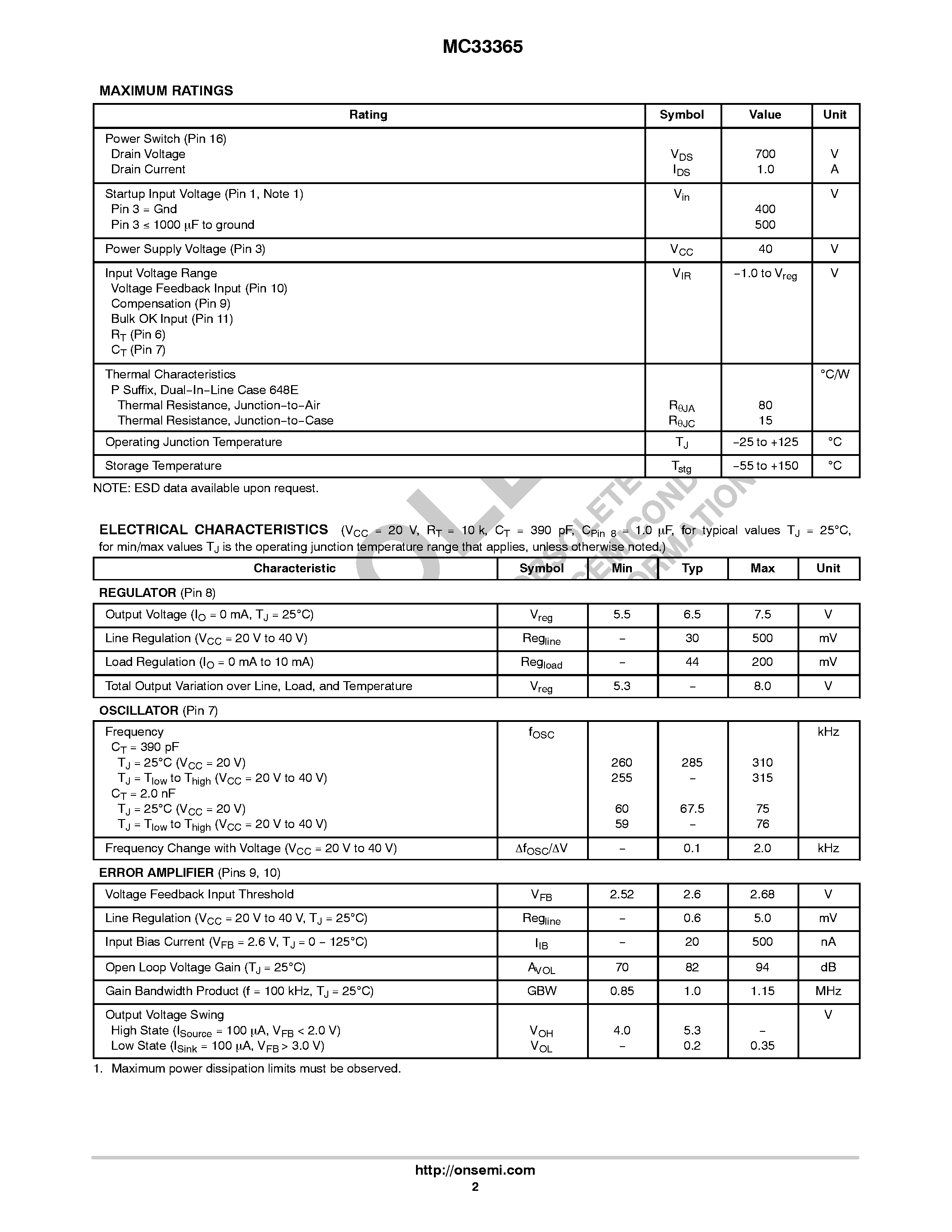 Datasheet MC33365 page 2 Datasheet MC33365 - High Voltage Switching Regulator page 2