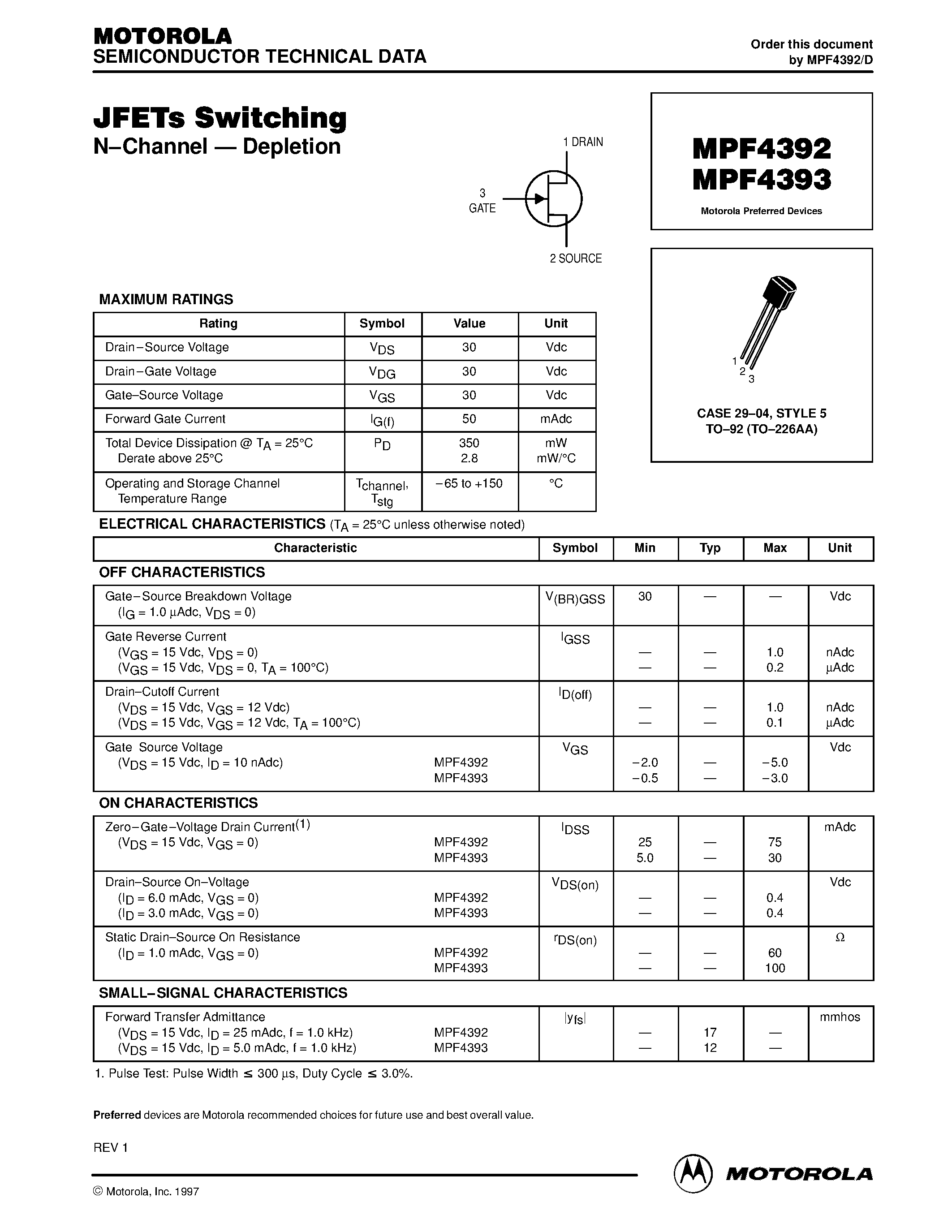 Datasheet MPF4392 page 1 Datasheet MPF4392 - JFETs Switching page 1