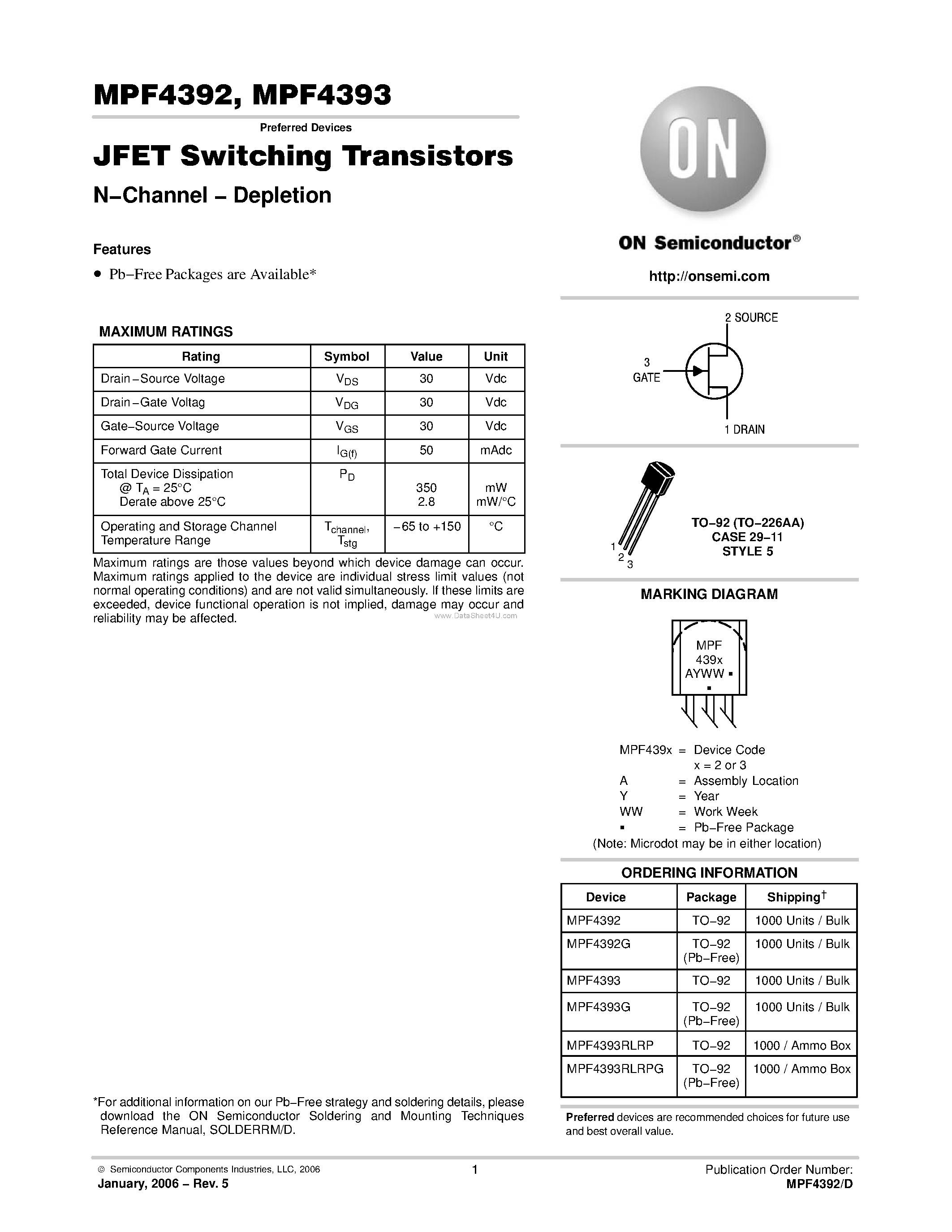 Datasheet MPF4392 - (MPF4392 / MPF4393) JFET Switching Transistors N-Channel page 1