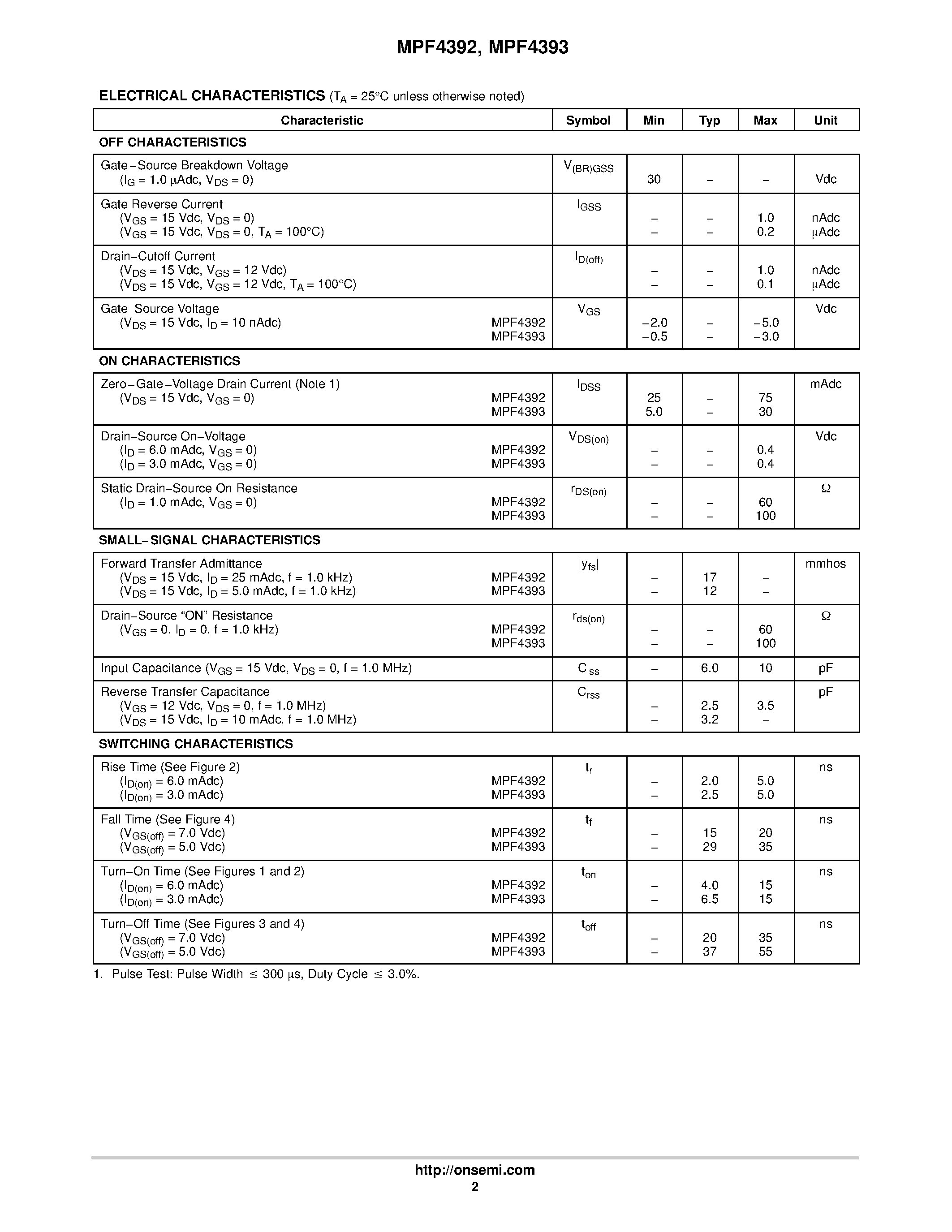 Datasheet MPF4392 - (MPF4392 / MPF4393) JFET Switching Transistors N-Channel page 2