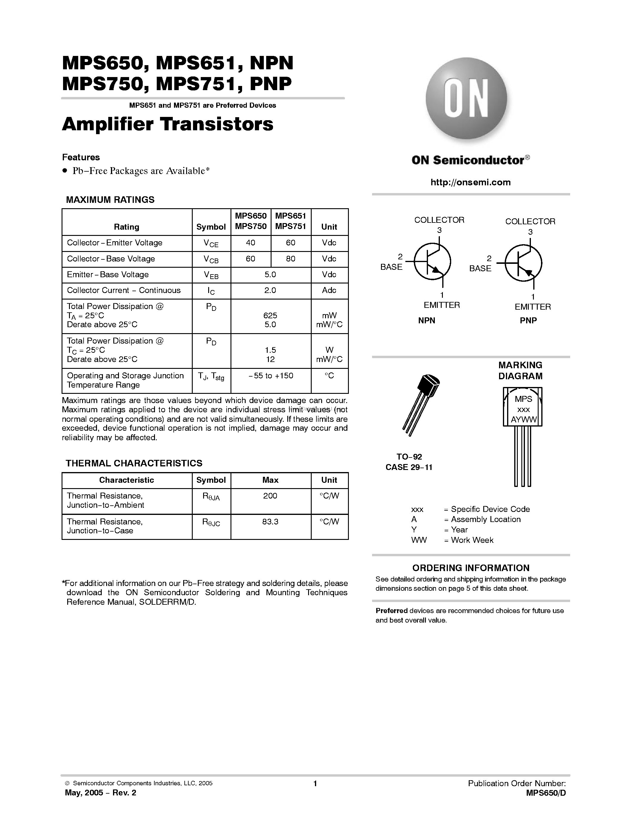 Datasheet MPS650 page 1 Datasheet MPS650 - (MPS650 / MPS651 / MPS750 / MPS751) Amplifier Transistors page 1