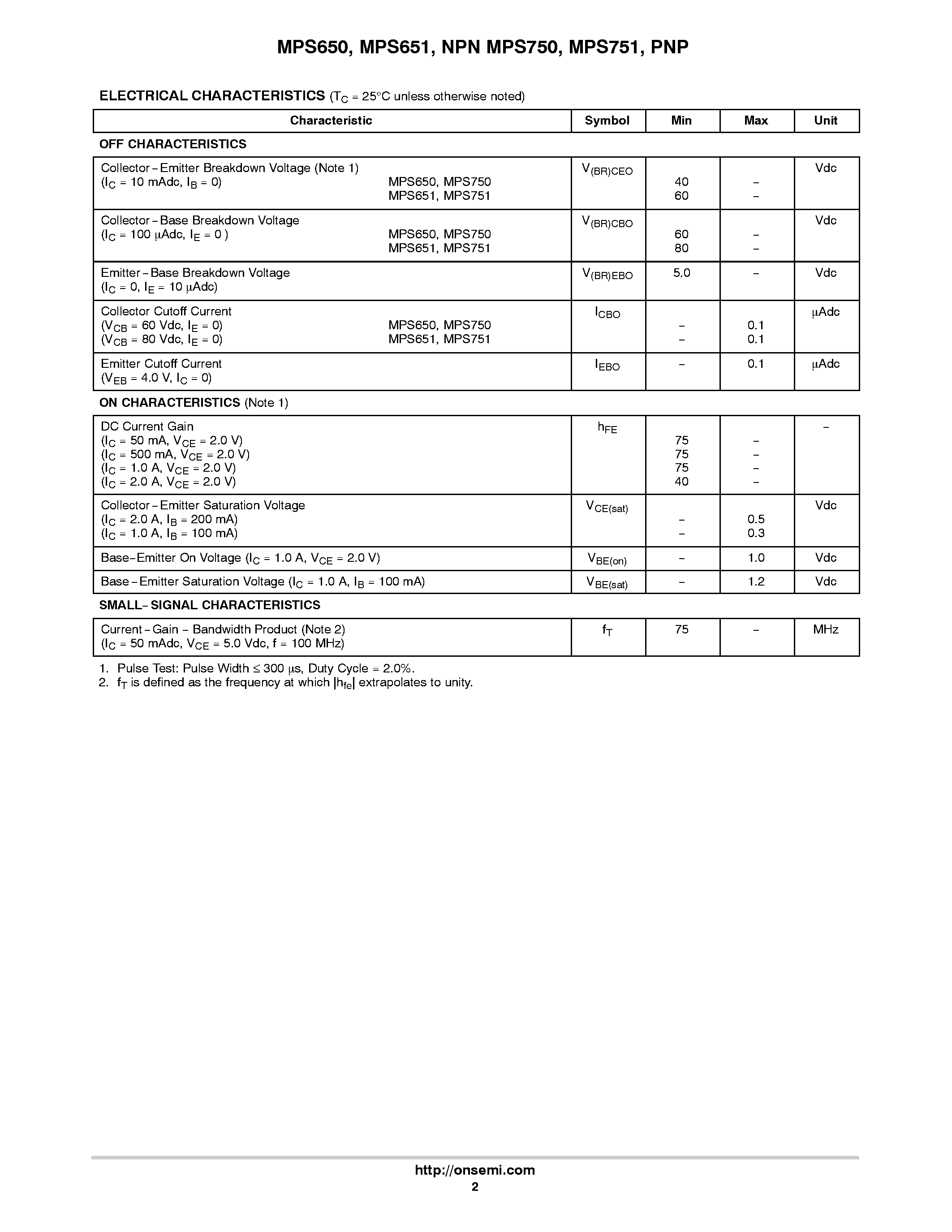 Datasheet MPS650 page 2 Datasheet MPS650 - (MPS650 / MPS651 / MPS750 / MPS751) Amplifier Transistors page 2