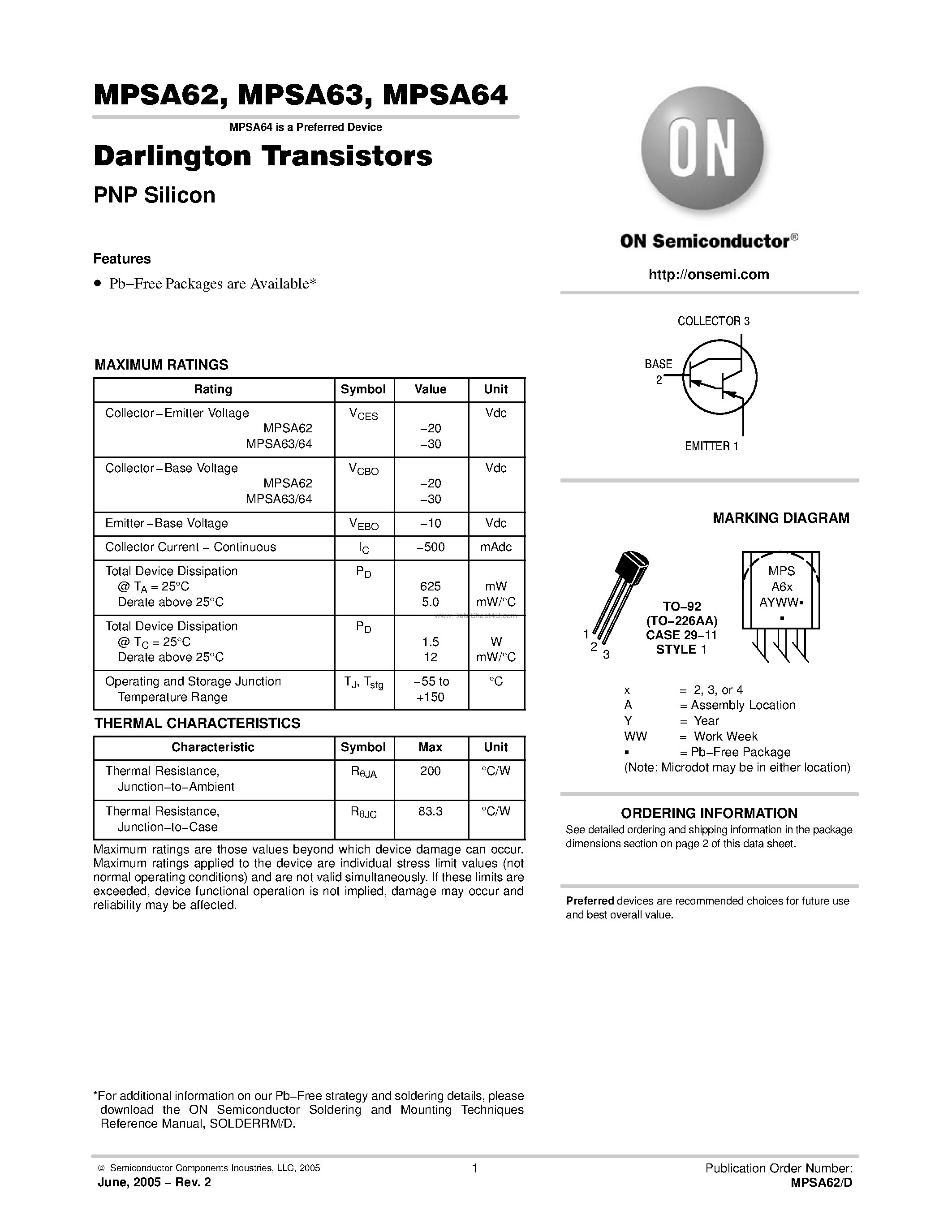 Datasheet MPSA62 page 1 Datasheet MPSA62 - (MPSA62 - MPSA64) Darlington Transistors PNP Silicon page 1