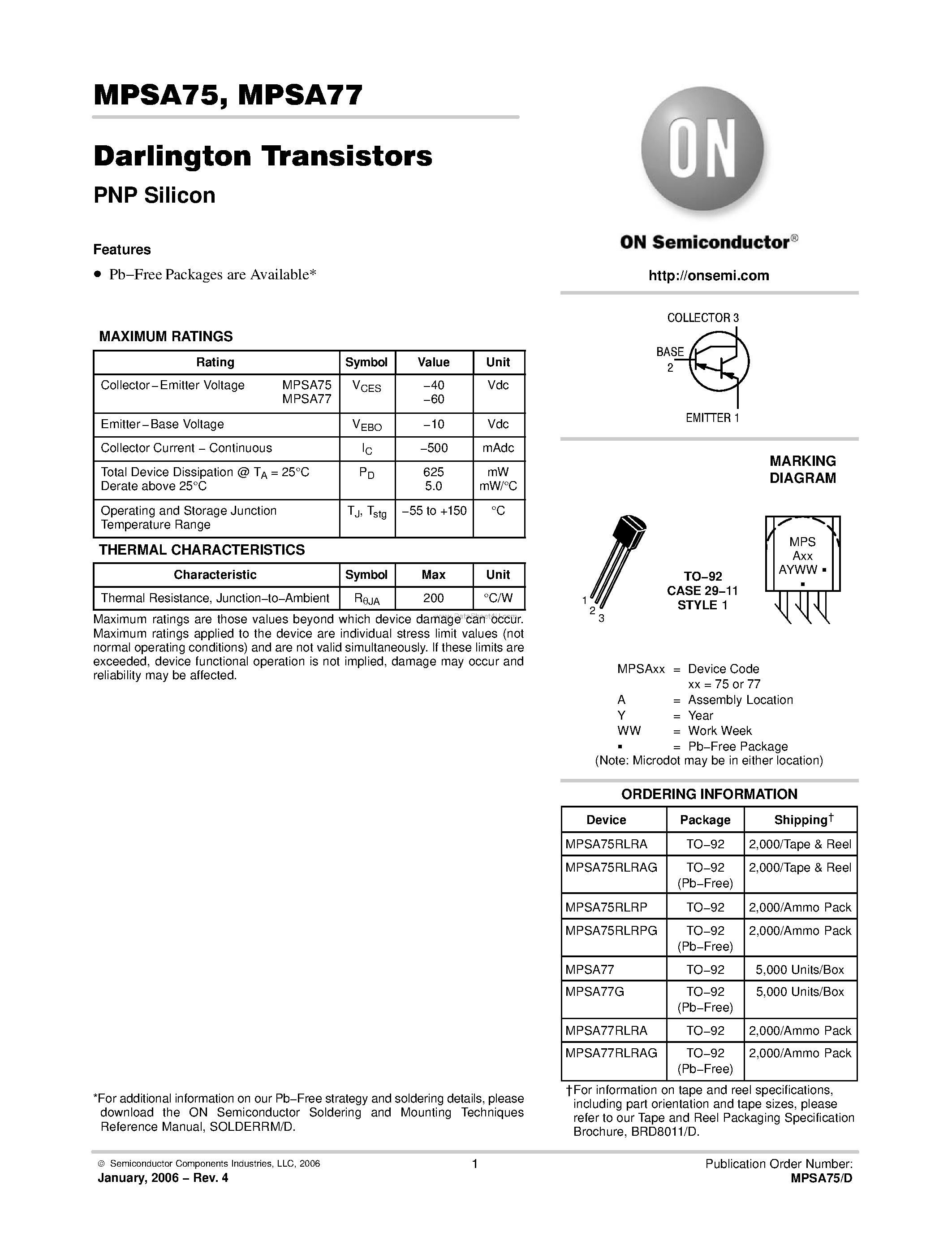 Datasheet MPSA75 page 1 Datasheet MPSA75 - (MPSA75 / MPSA77) Darlington Transistors PNP Silicon page 1