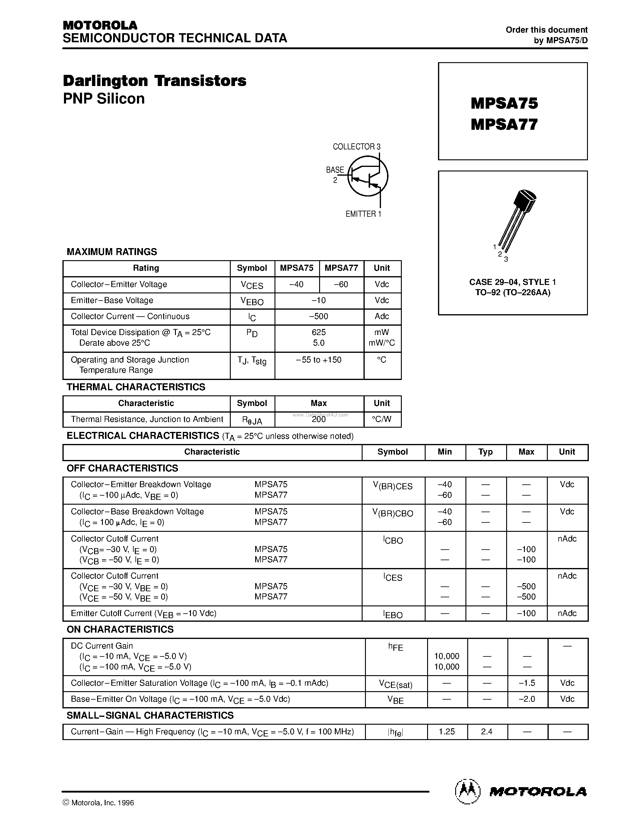Datasheet MPSA75 page 1 Datasheet MPSA75 - (MPSA75 / MPSA77) Darlington Transistors page 1