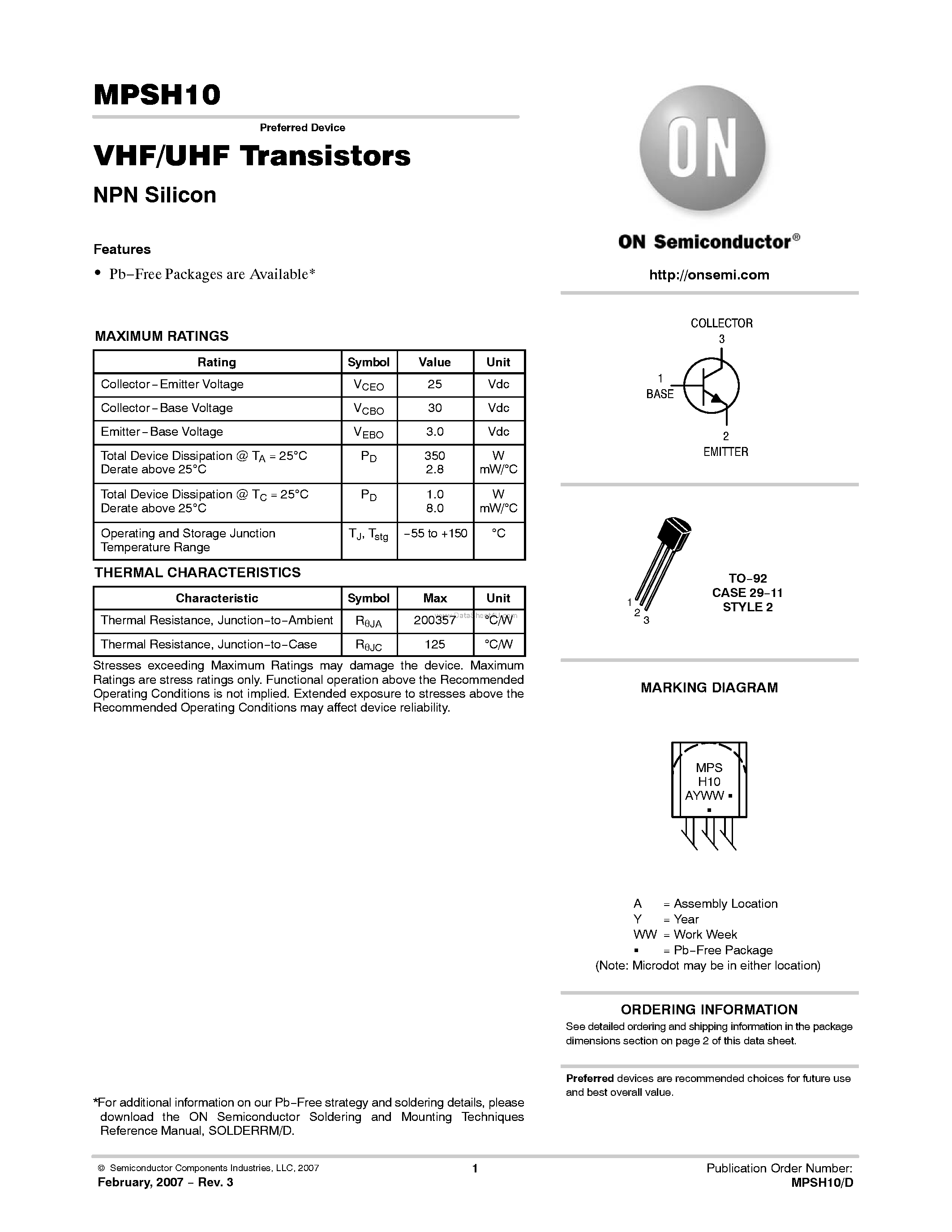 Datasheet MPSH10 page 1 Datasheet MPSH10 - VHF/UHF Transistors NPN Silicon page 1