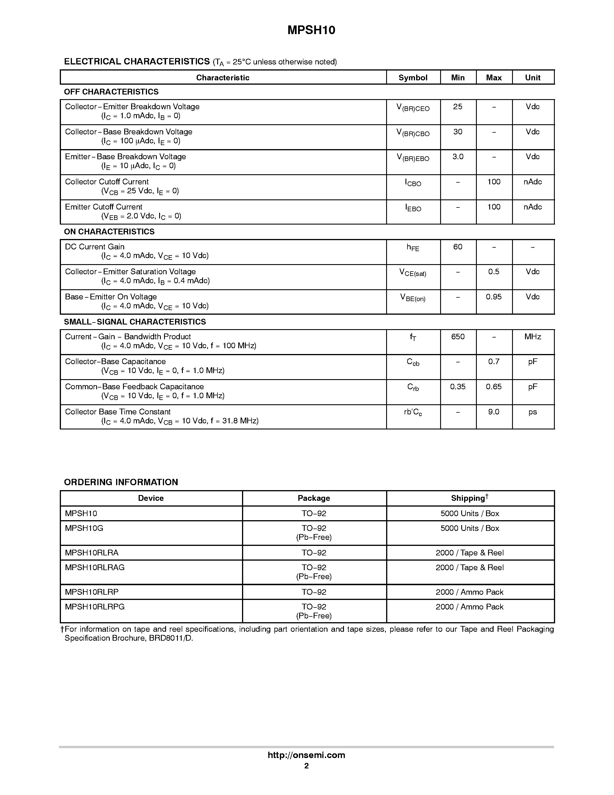 Datasheet MPSH10 page 2 Datasheet MPSH10 - VHF/UHF Transistors NPN Silicon page 2