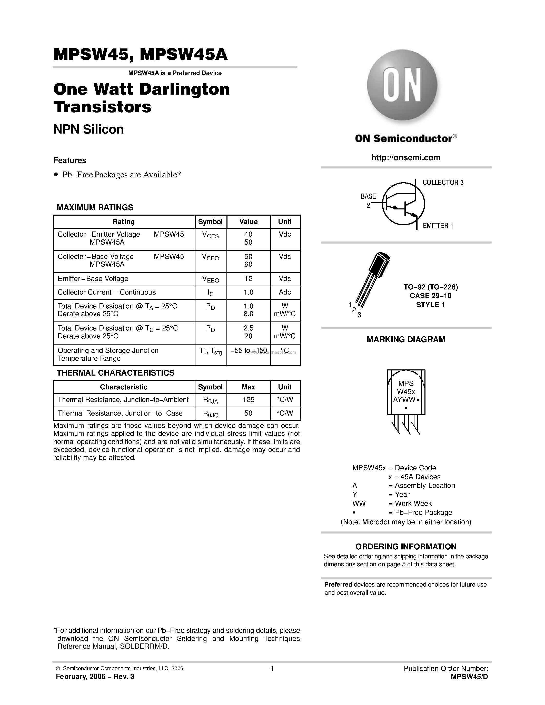 Даташит на микросхему MPSW45 страница 1 Даташит MPSW45 - One Watt Darlington Transistors NPN Silicon страница 1