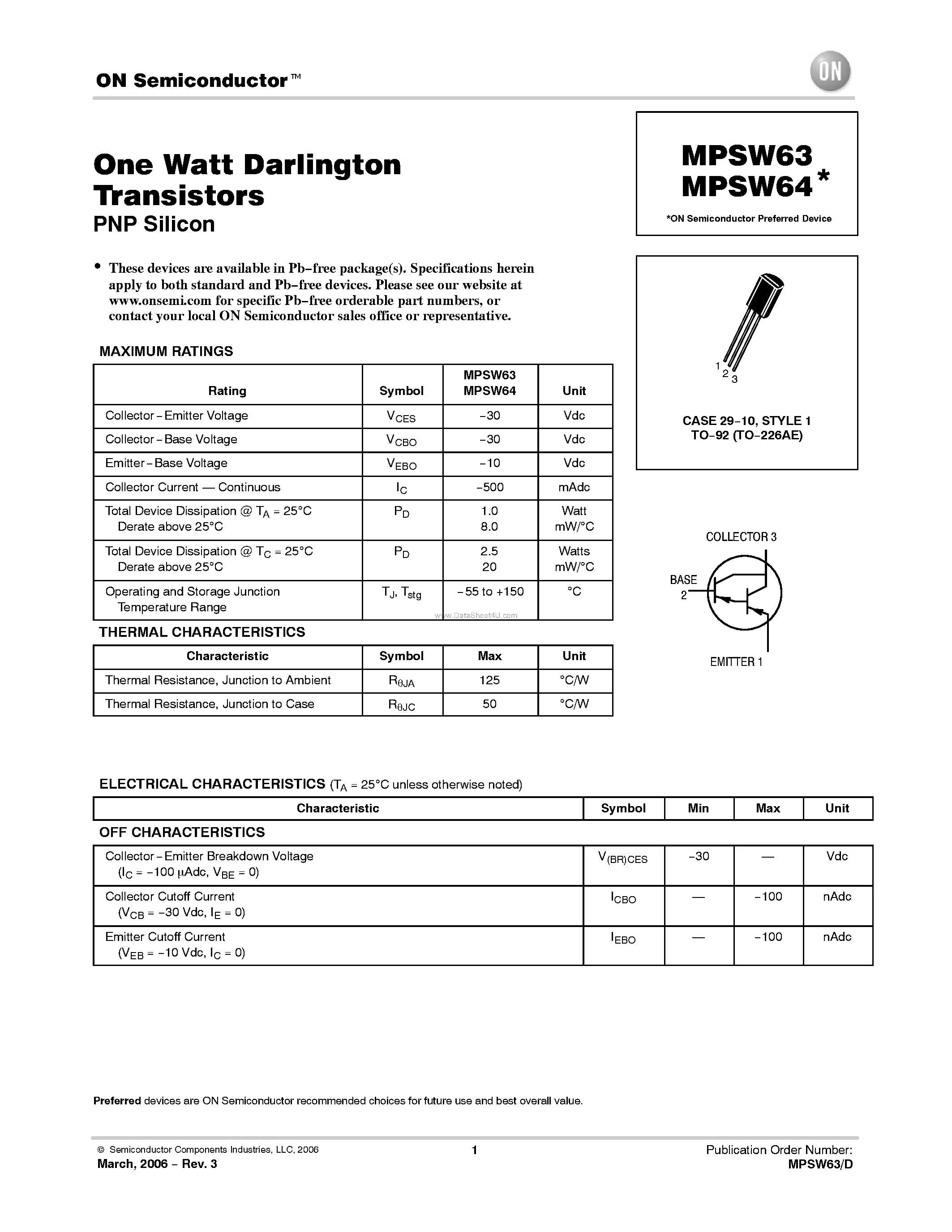Datasheet MPSW63 page 1 Datasheet MPSW63 - (MPSW63 / MPSW64) One Watt Darlington Transistors PNP Silicon page 1