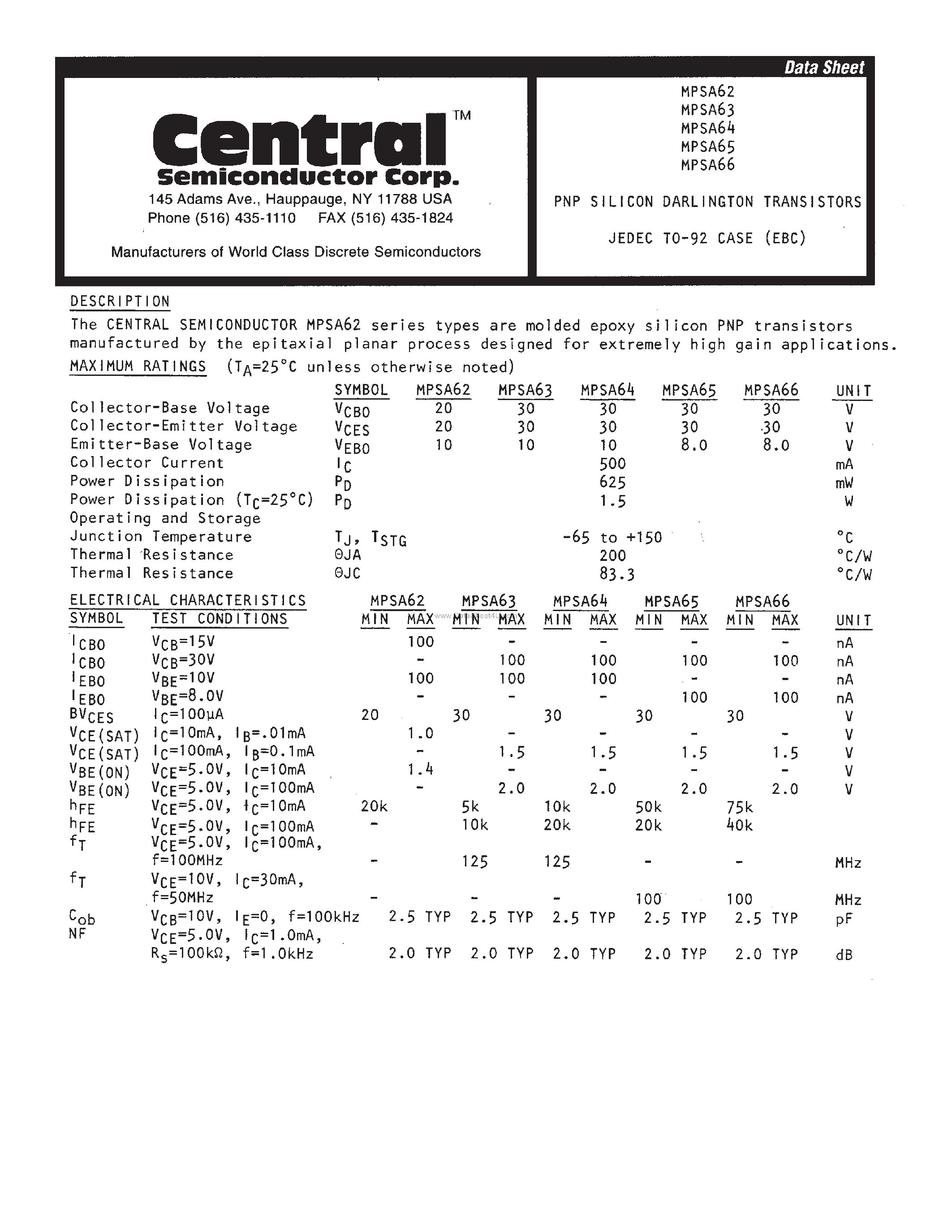 Datasheet MPSA62 - (MPSA62 - MPSA66) PNP SILICON DARLINGTON TRANSISTORS page 1