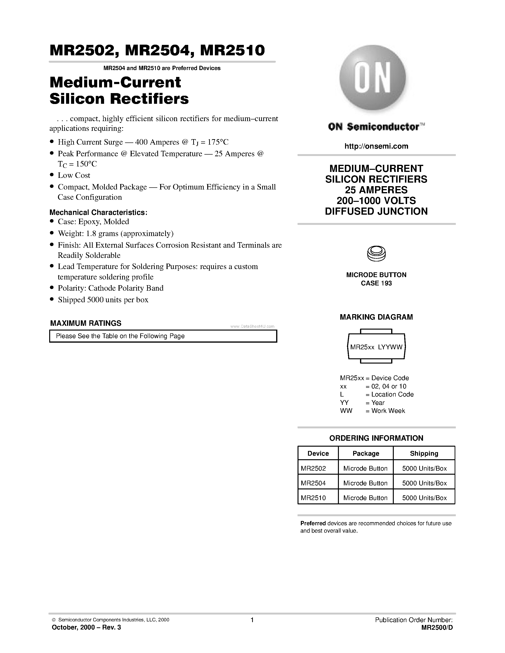 Datasheet MR2502 page 1 Datasheet MR2502 - (MR2502 - MR2510) Medium-Current Silicon Rectifiers page 1