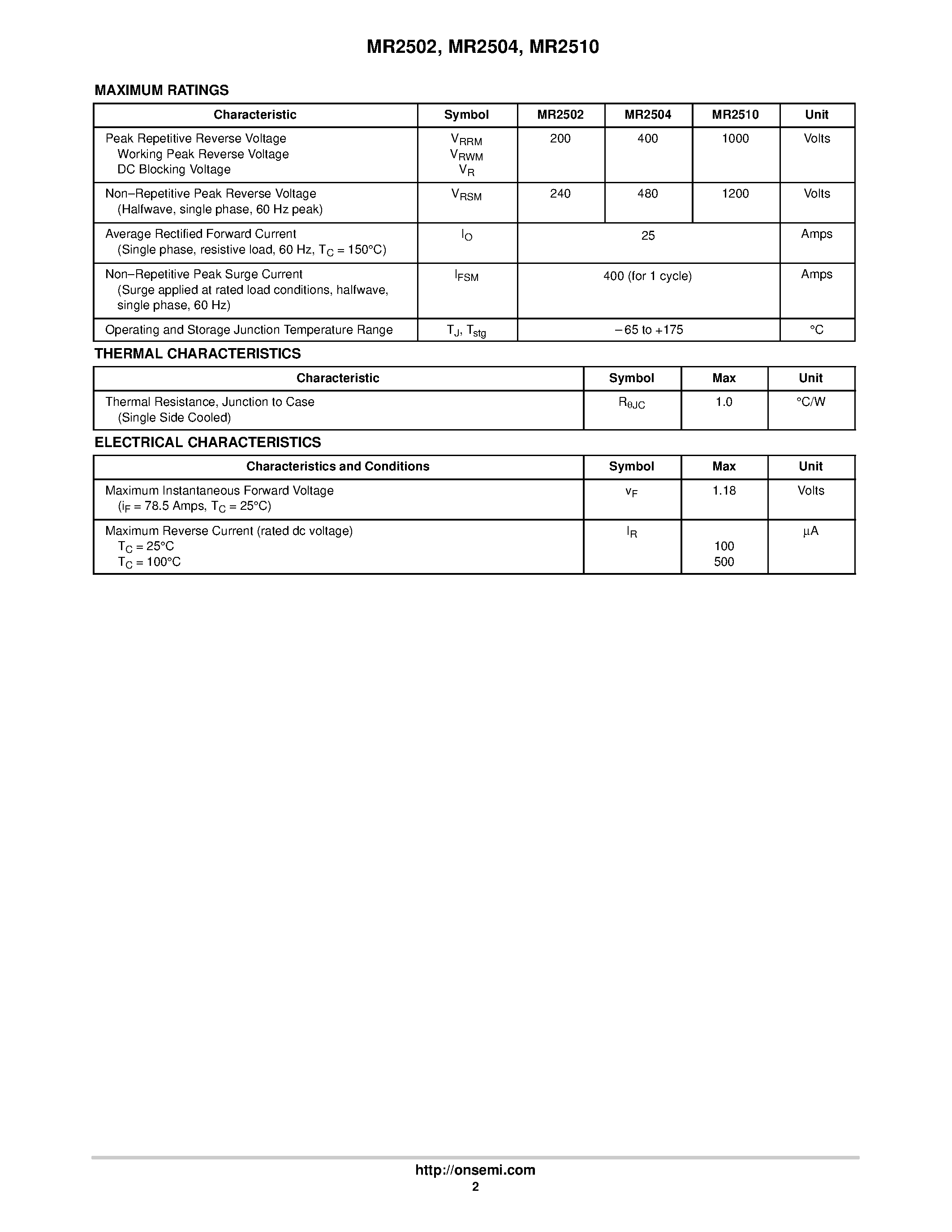 Datasheet MR2502 page 2 Datasheet MR2502 - (MR2502 - MR2510) Medium-Current Silicon Rectifiers page 2