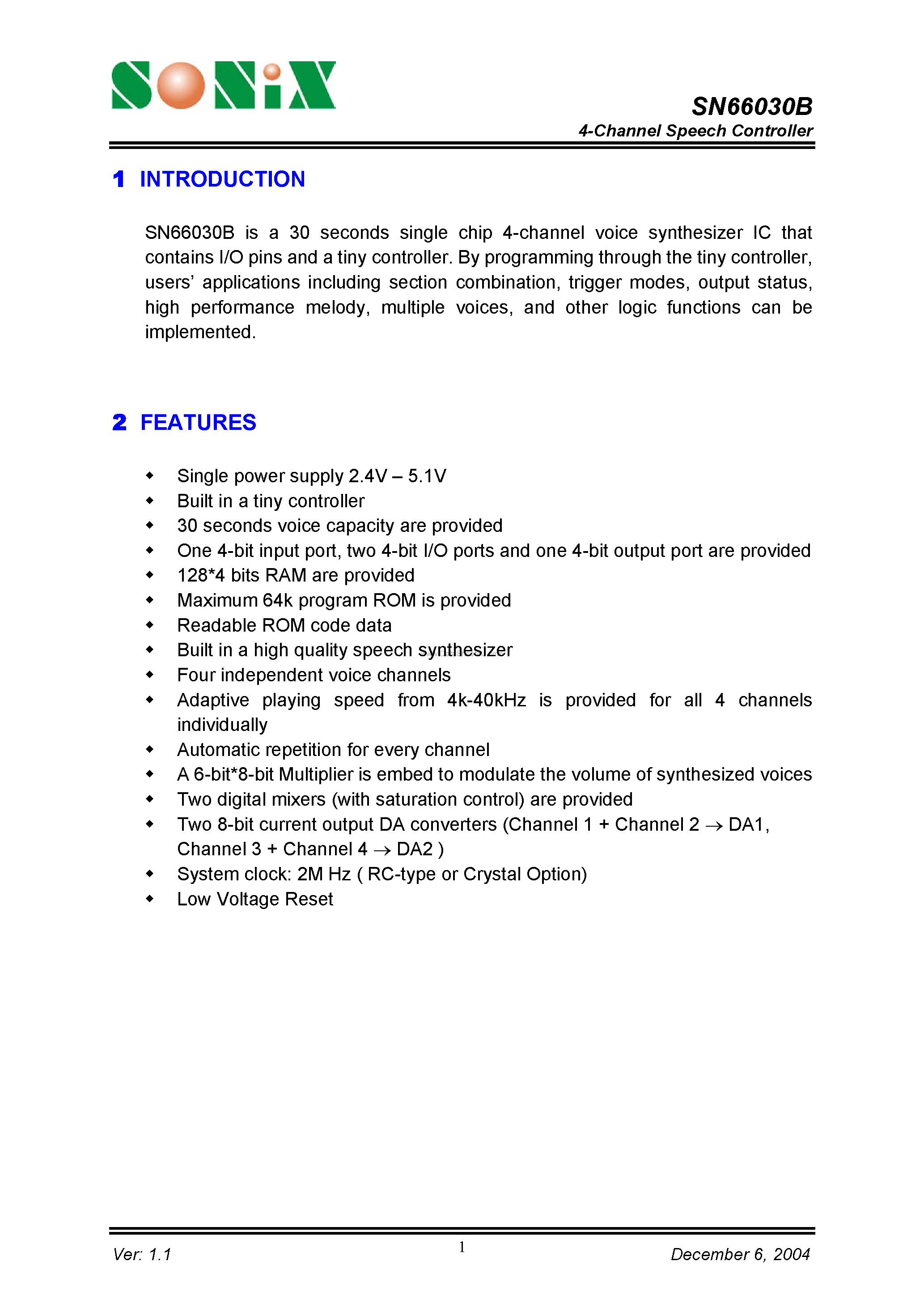 Datasheet SN66030B - 4-Channel Speech Controller page 1