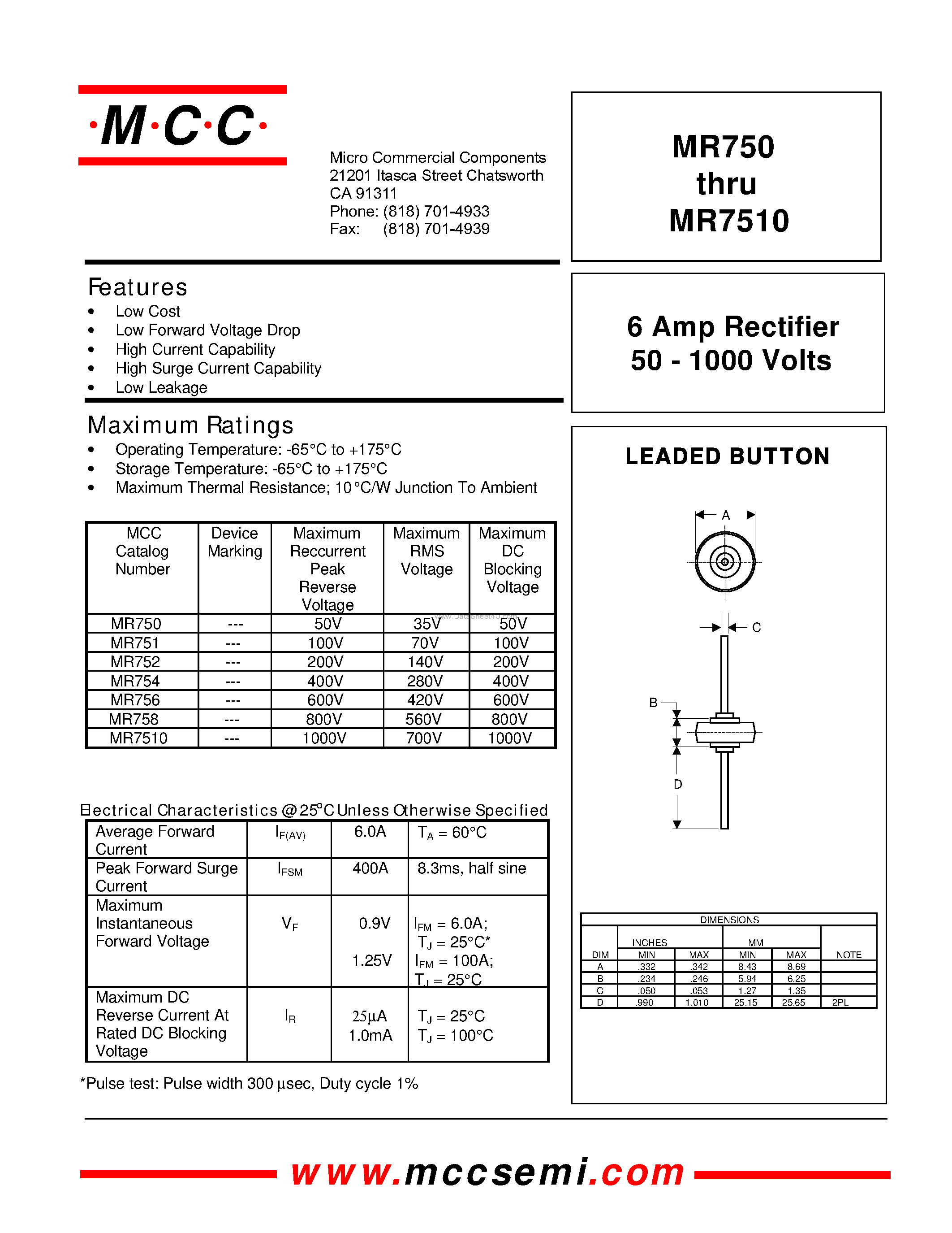 Datasheet MR750 - (MR750 - MR7510) 6 Amp Rectifier page 1