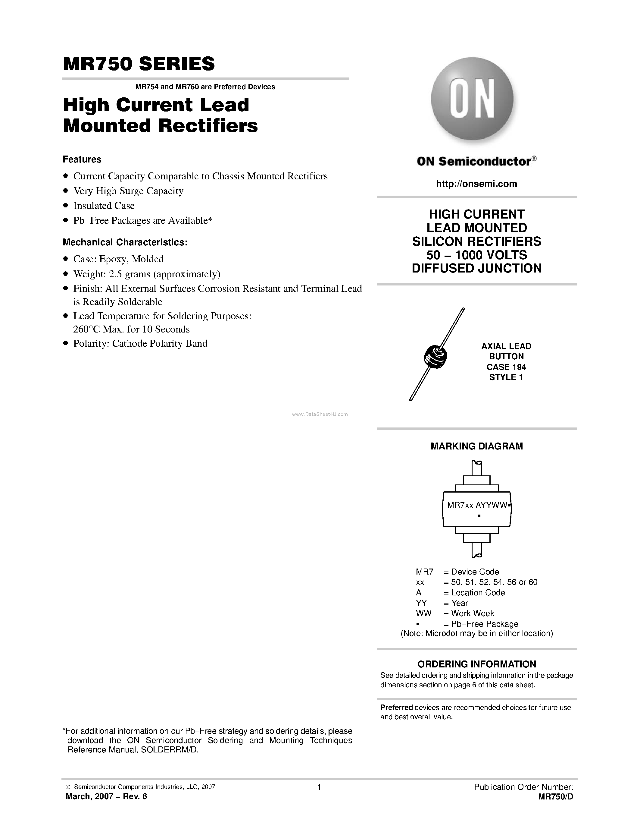 Datasheet MR750 page 1 Datasheet MR750 - (MR750 - MR760) High Current Lead Mounted Rectifiers page 1