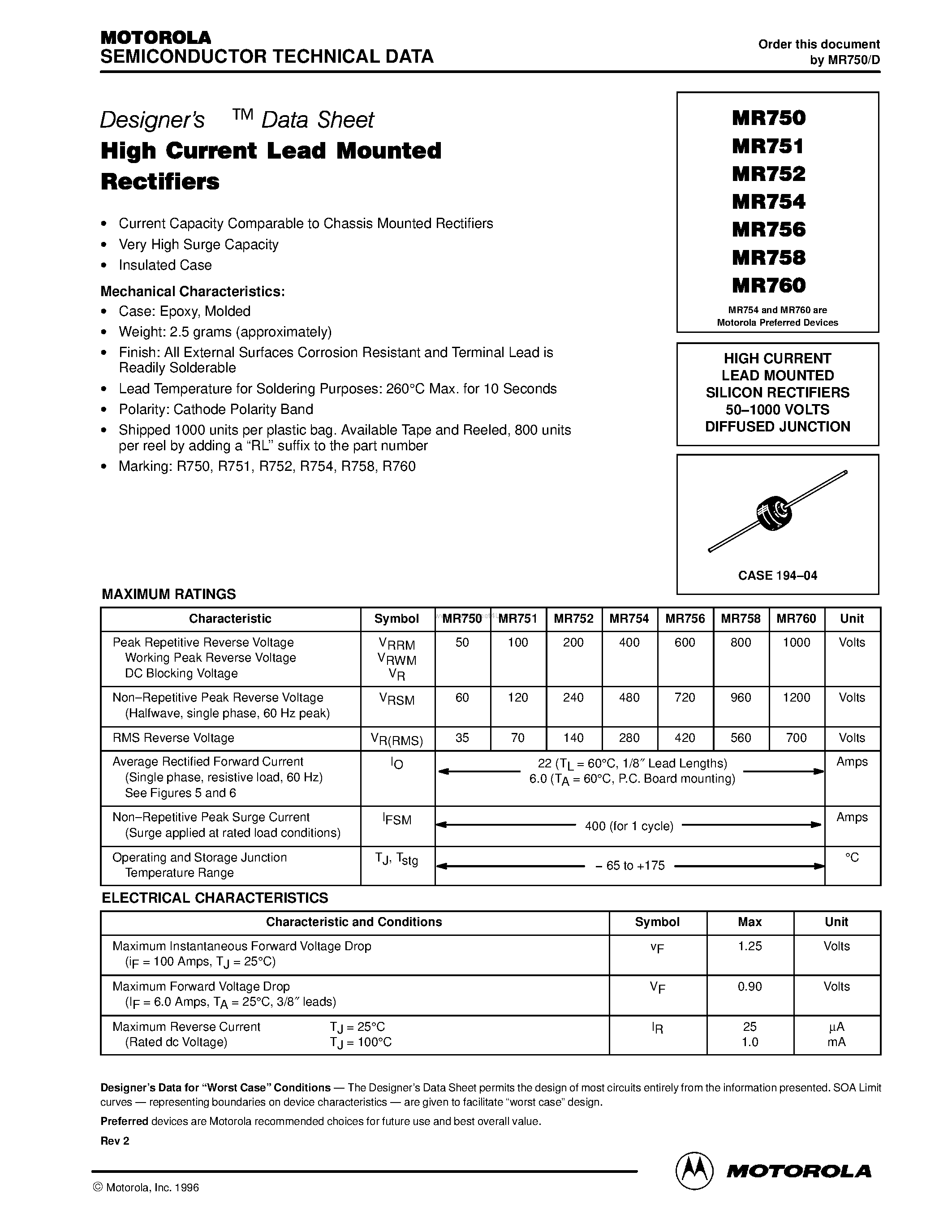 Datasheet MR750 - (MR750 - MR760) HIGH CURRENT LEAD MOUNTED SILICON RECTIFIERS page 1