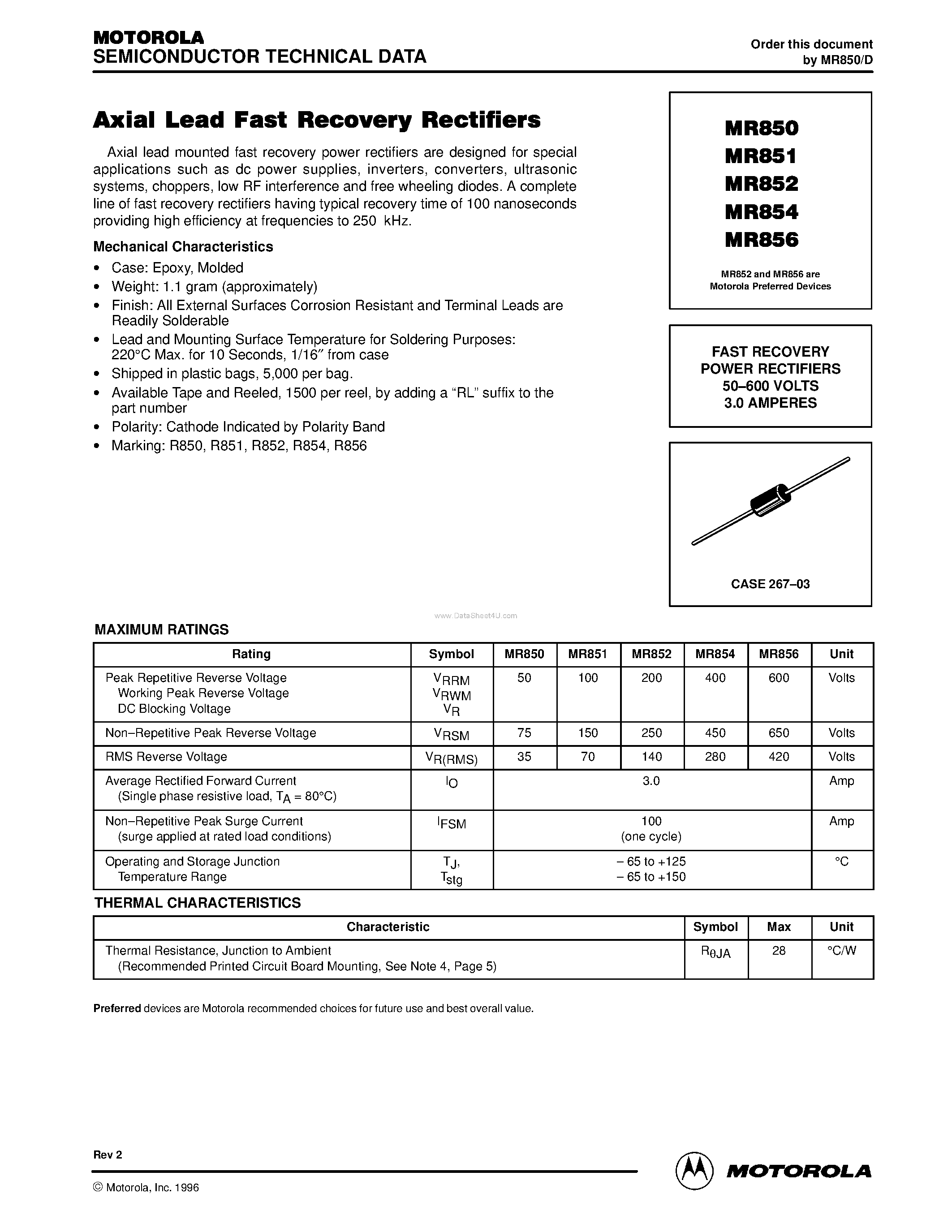 Datasheet MR850 page 1 Datasheet MR850 - (MR850 - MR856) FAST RECOVERY POWER RECTIFIERS page 1