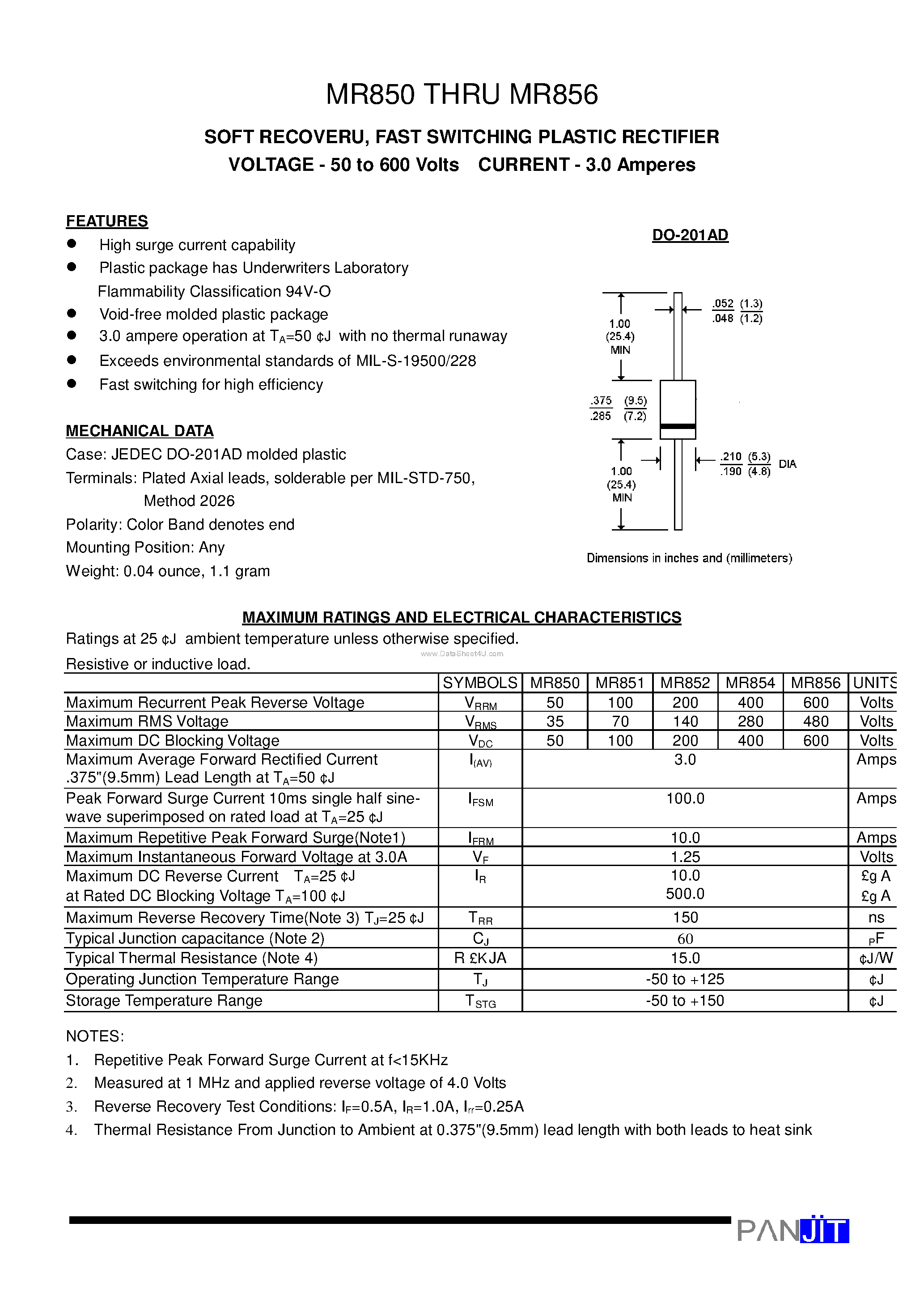 Даташит MR850 - (MR850 - MR856) FAST SWITCHING PLASTIC RECTIFIER страница 1