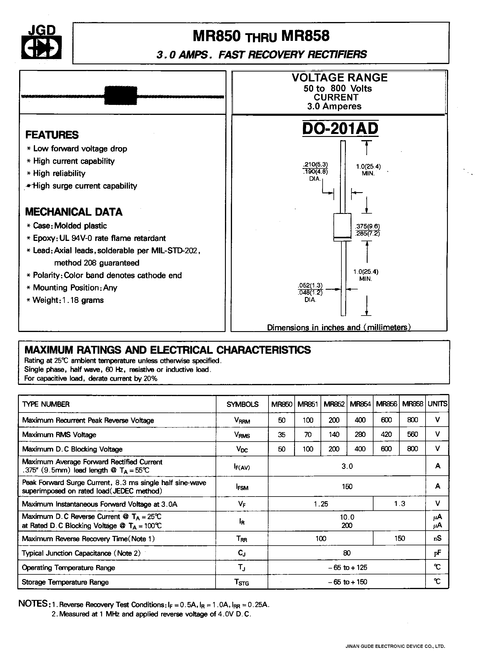 Datasheet MR850 page 1 Datasheet MR850 - (MR850 - MR858) FAST RECOVERY RECTIFIERS page 1