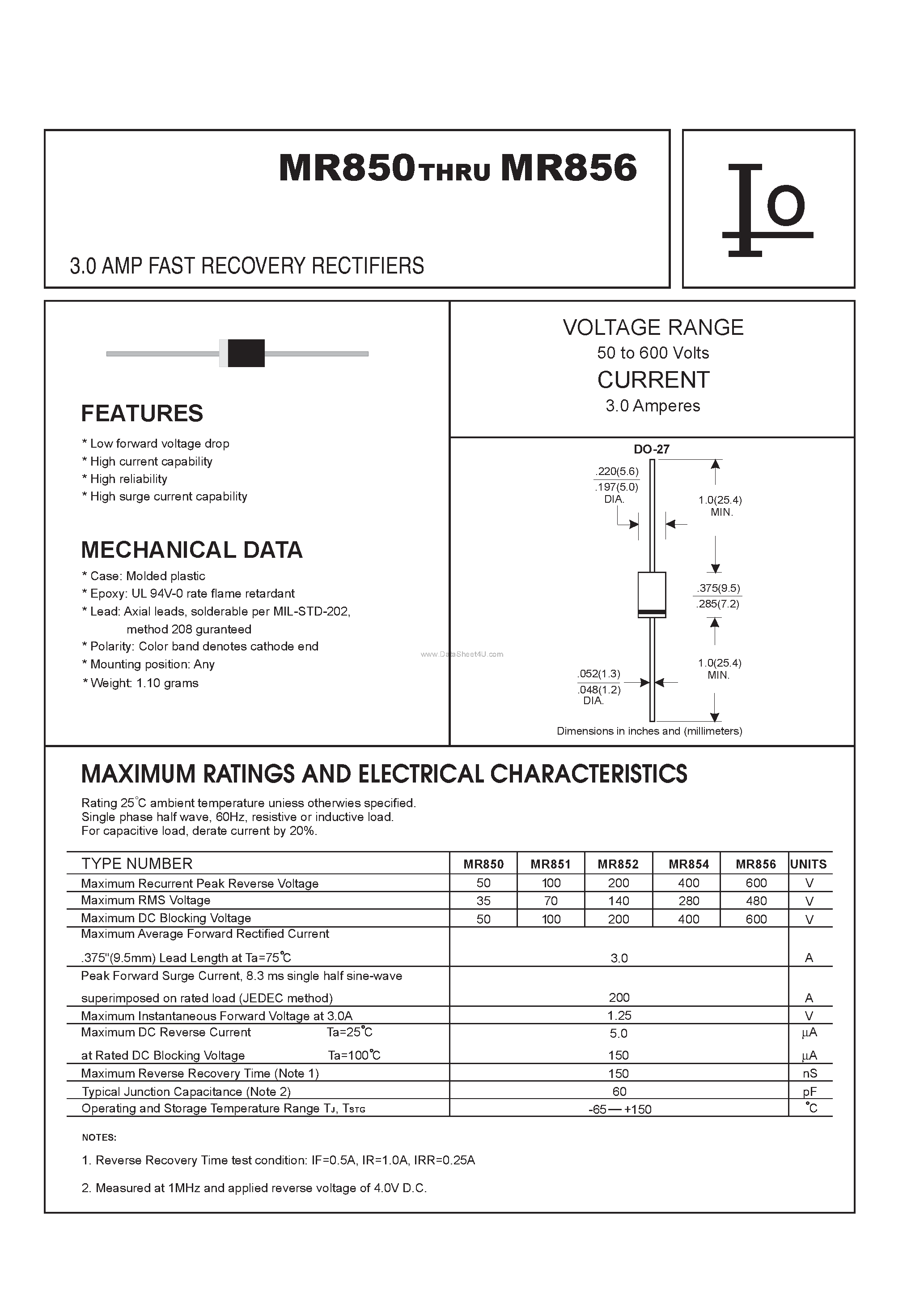Datasheet MR850 page 1 Datasheet MR850 - (MR850 - MR856) FAST RECOVERY RECTIFIERS page 1