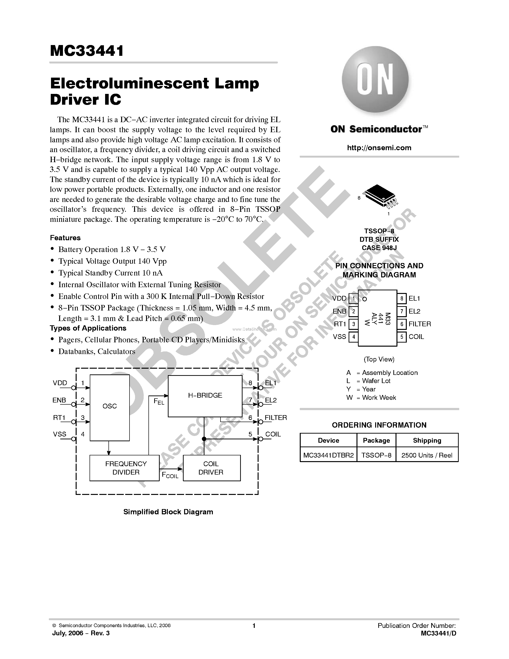Даташит MC33441 - Electroluminescent Lamp Driver IC страница 1