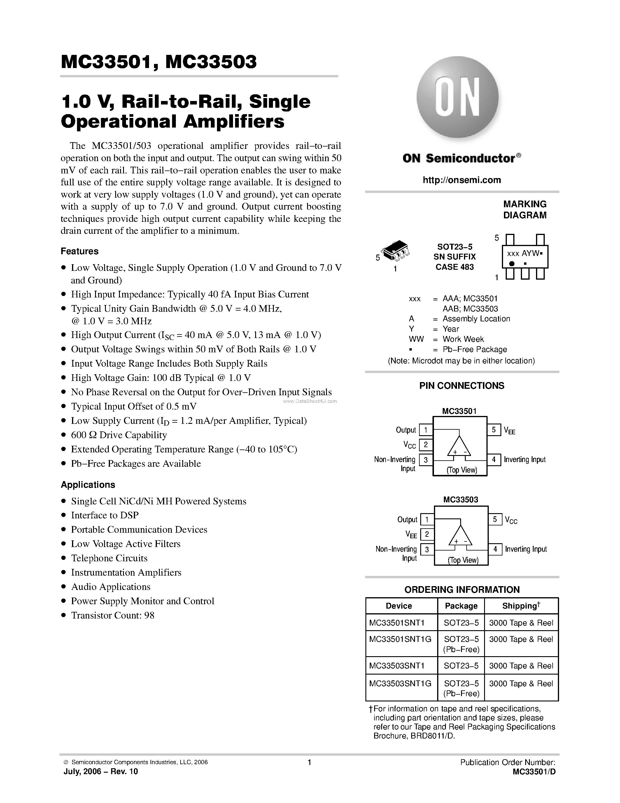 Даташит MC33501 - (MC33501 / MC33503) Single Operational Amplifiers страница 1