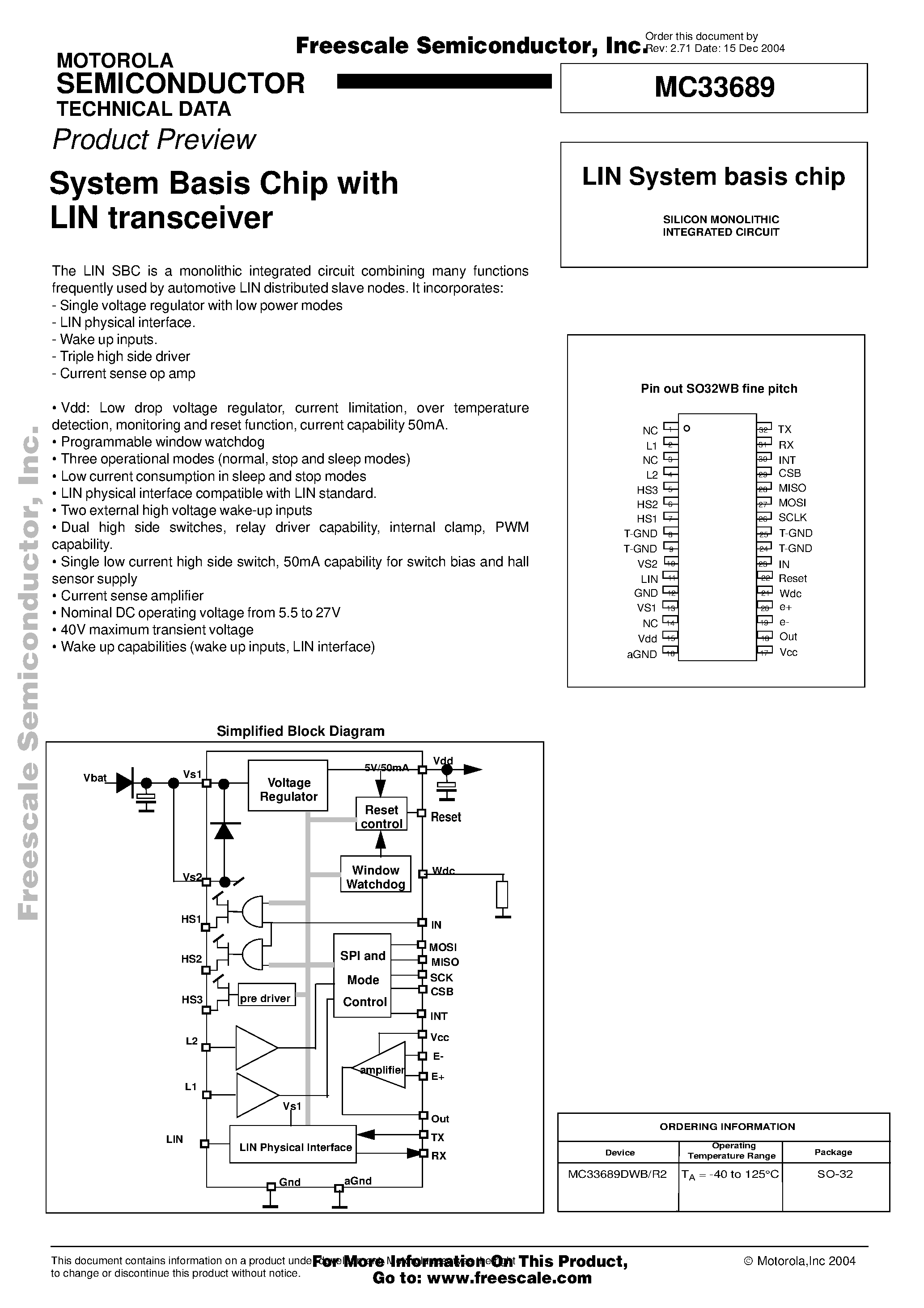 Datasheet MC33689 page 1 Datasheet MC33689 - System Basis Chip page 1