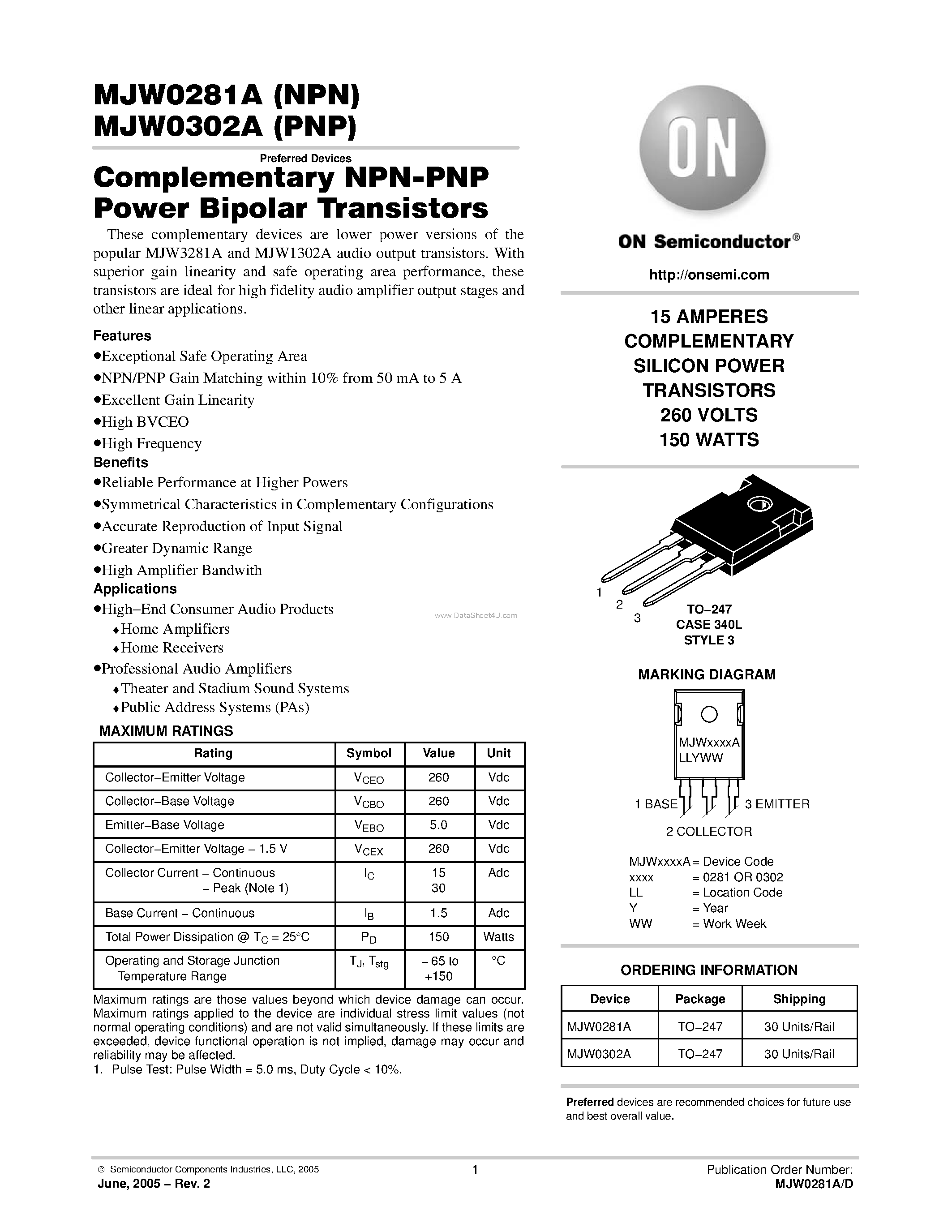 Datasheet MJW0281A page 1 Datasheet MJW0281A - (MJW0281A / MJW0302A) Complementary NPN-PNP Power Bipolar Transistors page 1