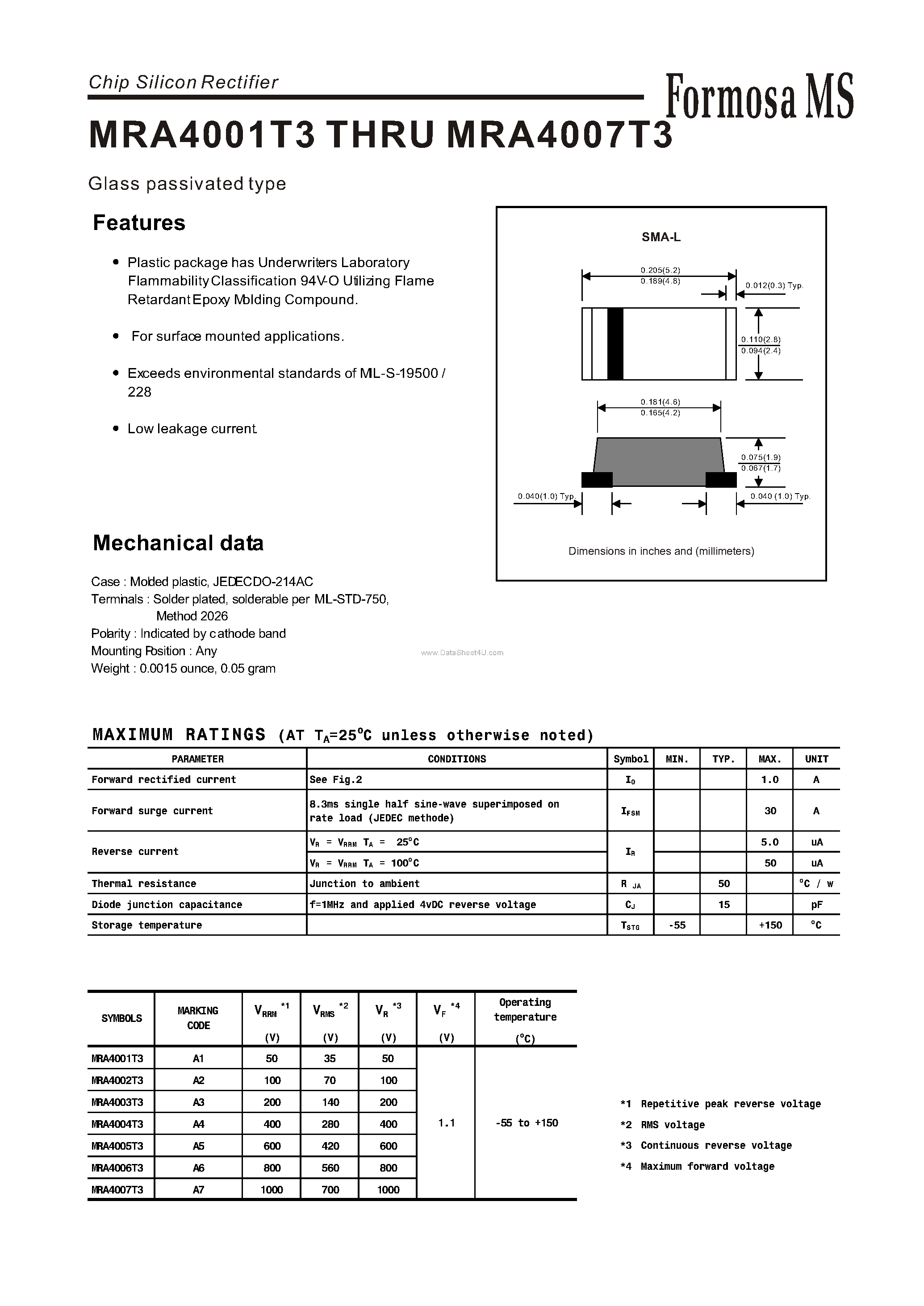 Даташит MRA4001T3 - (MRA4001T3 - MRA4007T3) Chip Silicon Rectifier - Glass passivated type страница 1