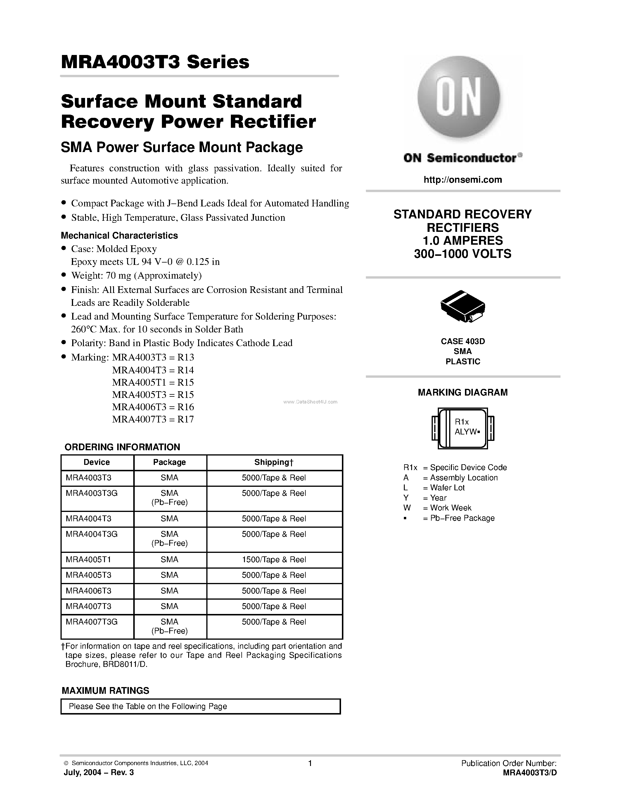 Даташит MRA4003T3 - Surface Mount Standard Recovery Power Rectifier страница 1