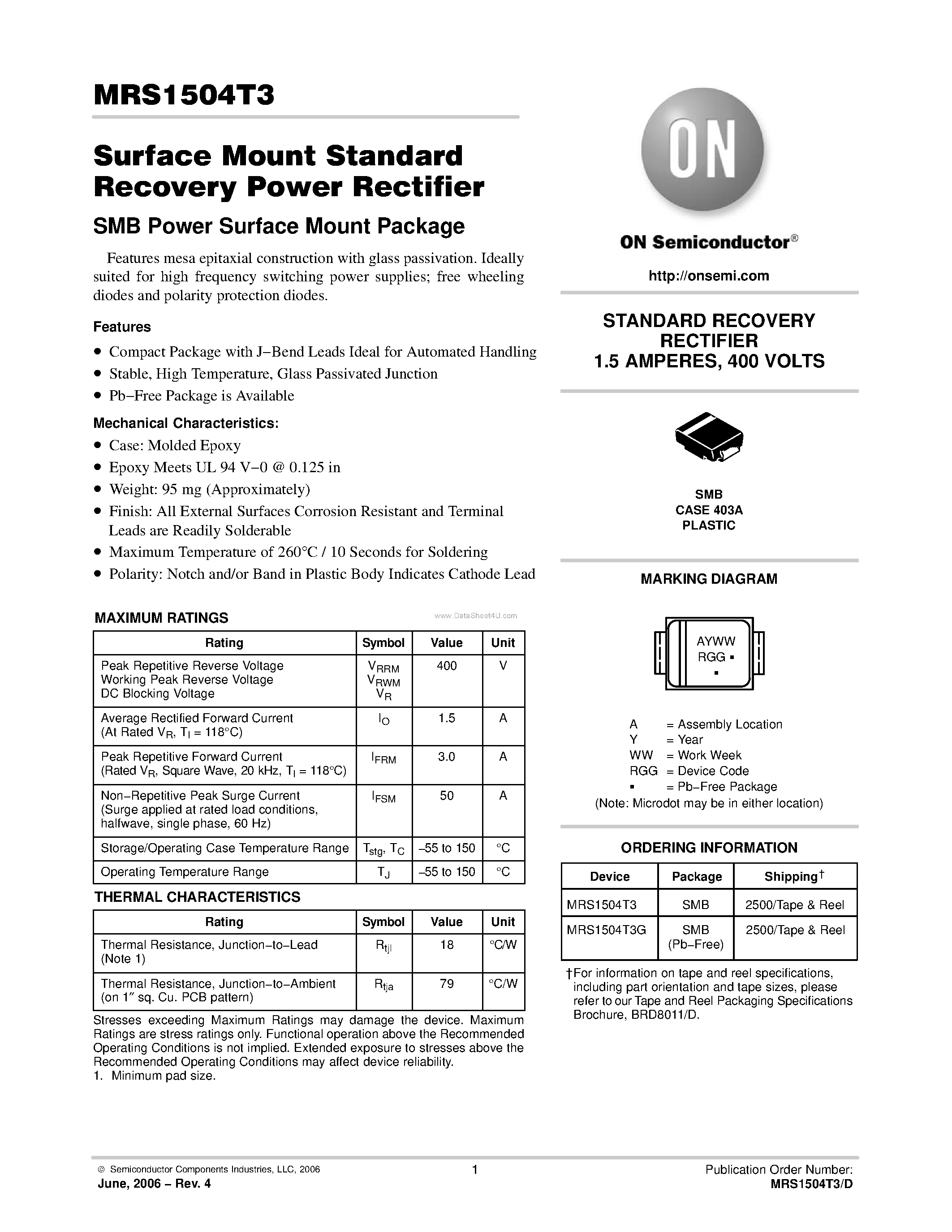 Даташит MRS1504T3 - Surface Mount Standard Recovery Power Rectifier страница 1