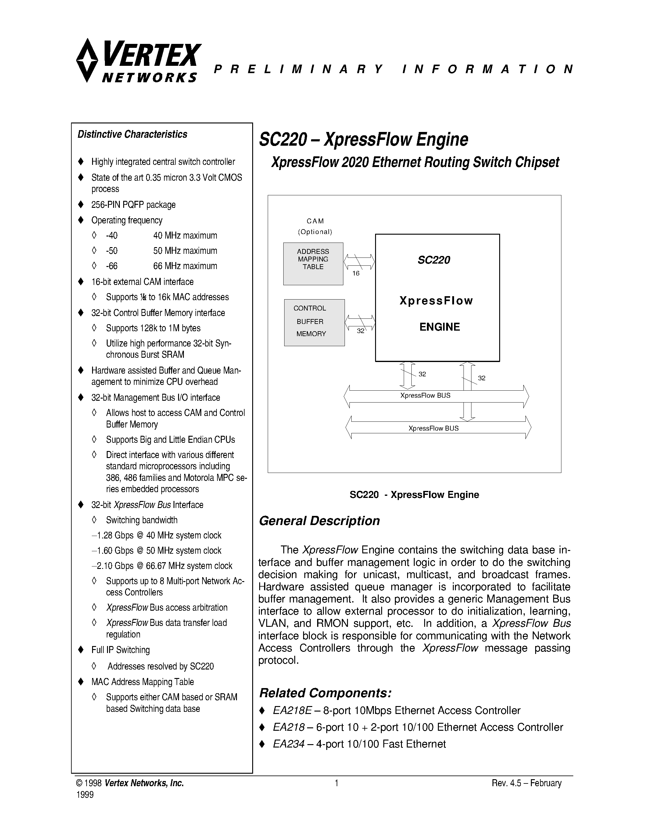 Datasheet MSC220 - XpressFlow 2020 Ethernet Routing Switch Chipset page 2