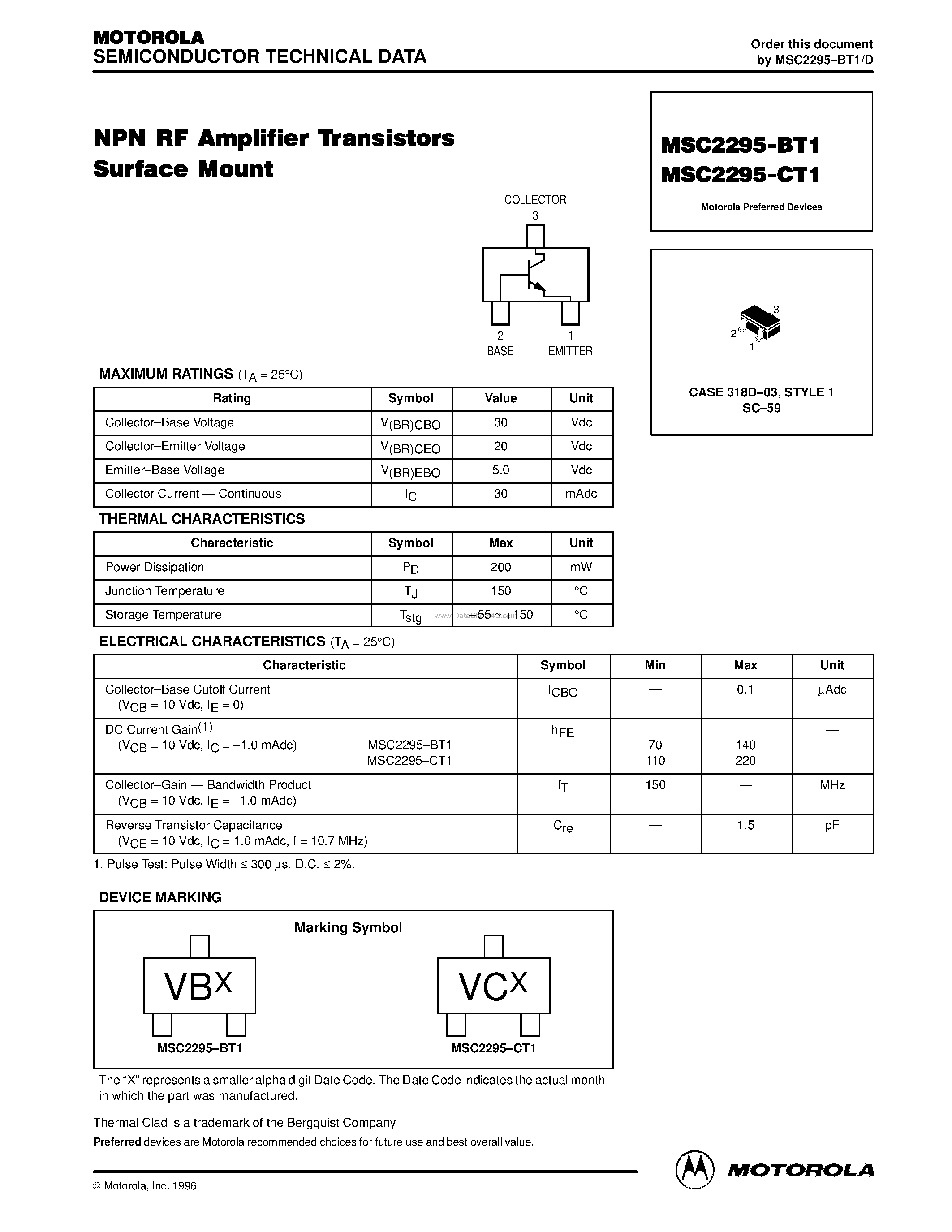 Datasheet MSC2295-BT1 - (MSC2295-BT1/-CT1) NPN RF Amplifier Transistors Surface Mount page 1