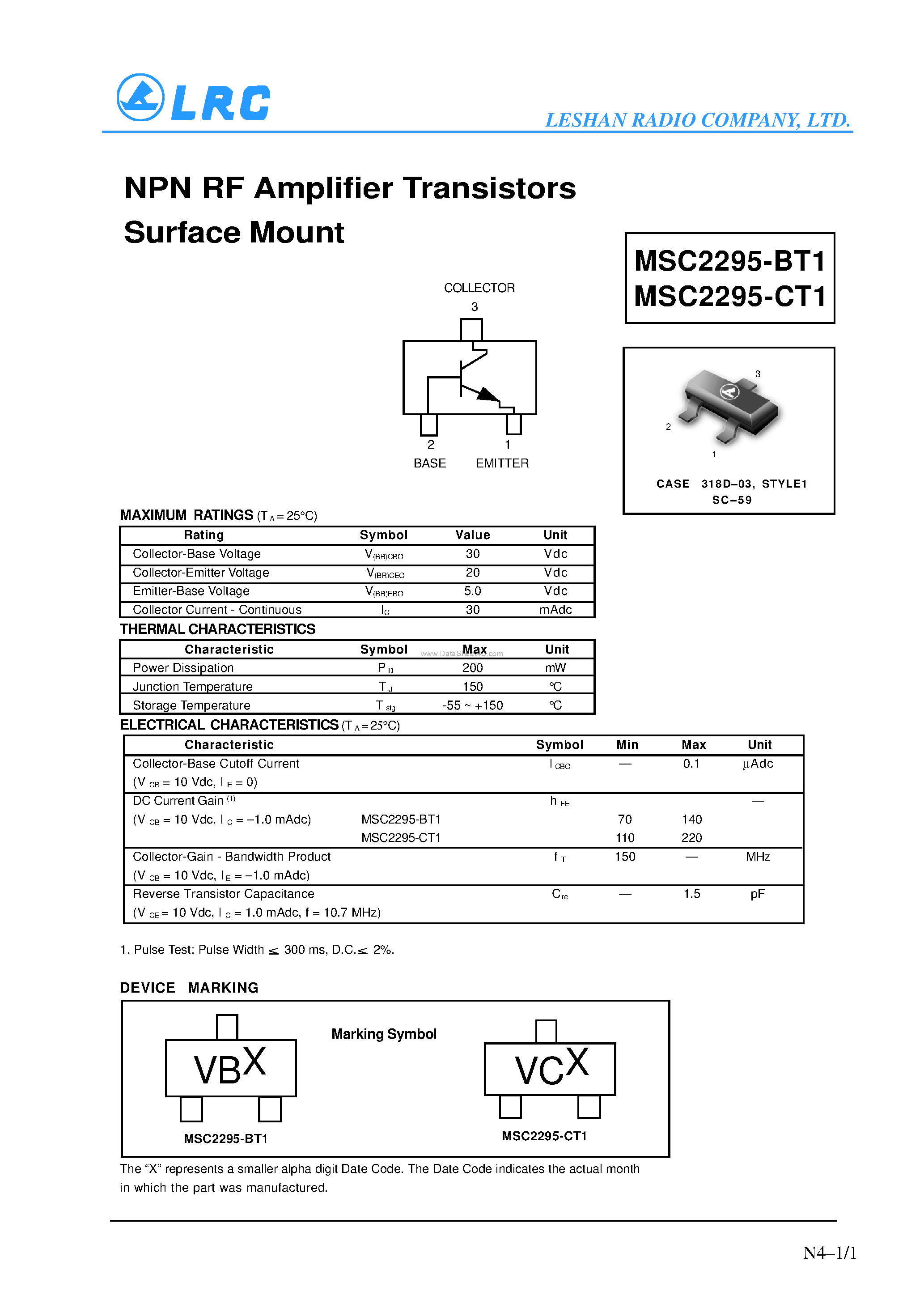 Datasheet MSC2295-BT1 - (MSC2295-BT1/-CT1) NPN RF Amplifier Transistors Surface Mount page 1