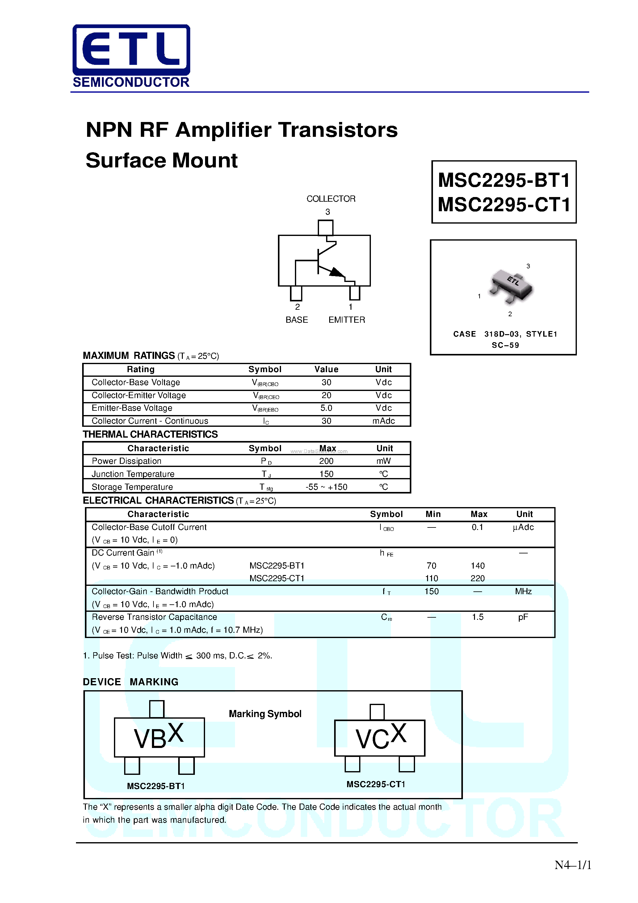 Datasheet MSC2295-BT1 - (MSC2295-BT1/-CT1) NPN RF Amplifier Transistors Surface Mount page 1
