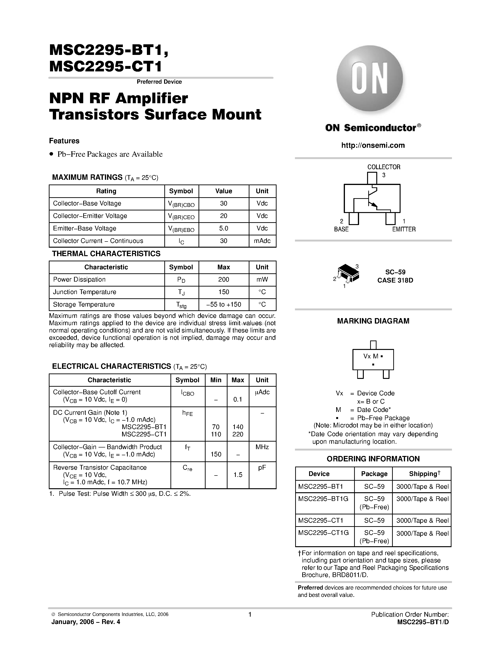Datasheet MSC2295-BT1 - (MSC2295-BT1/-CT1) NPN RF Amplifier Transistors Surface Mount page 1