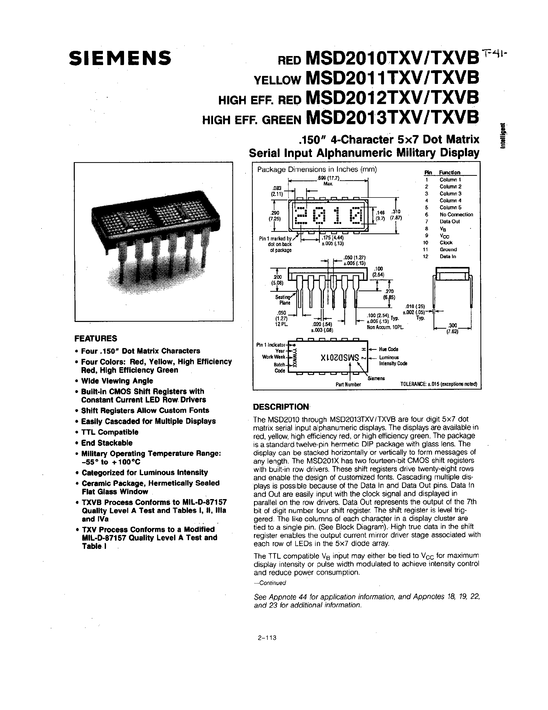 Datasheet MSD2010TXV - (MSD2010 - MSD2013) 150 4-Character 5x7 Dot Matrix Serial Input Alphanumeric Military Display page 1
