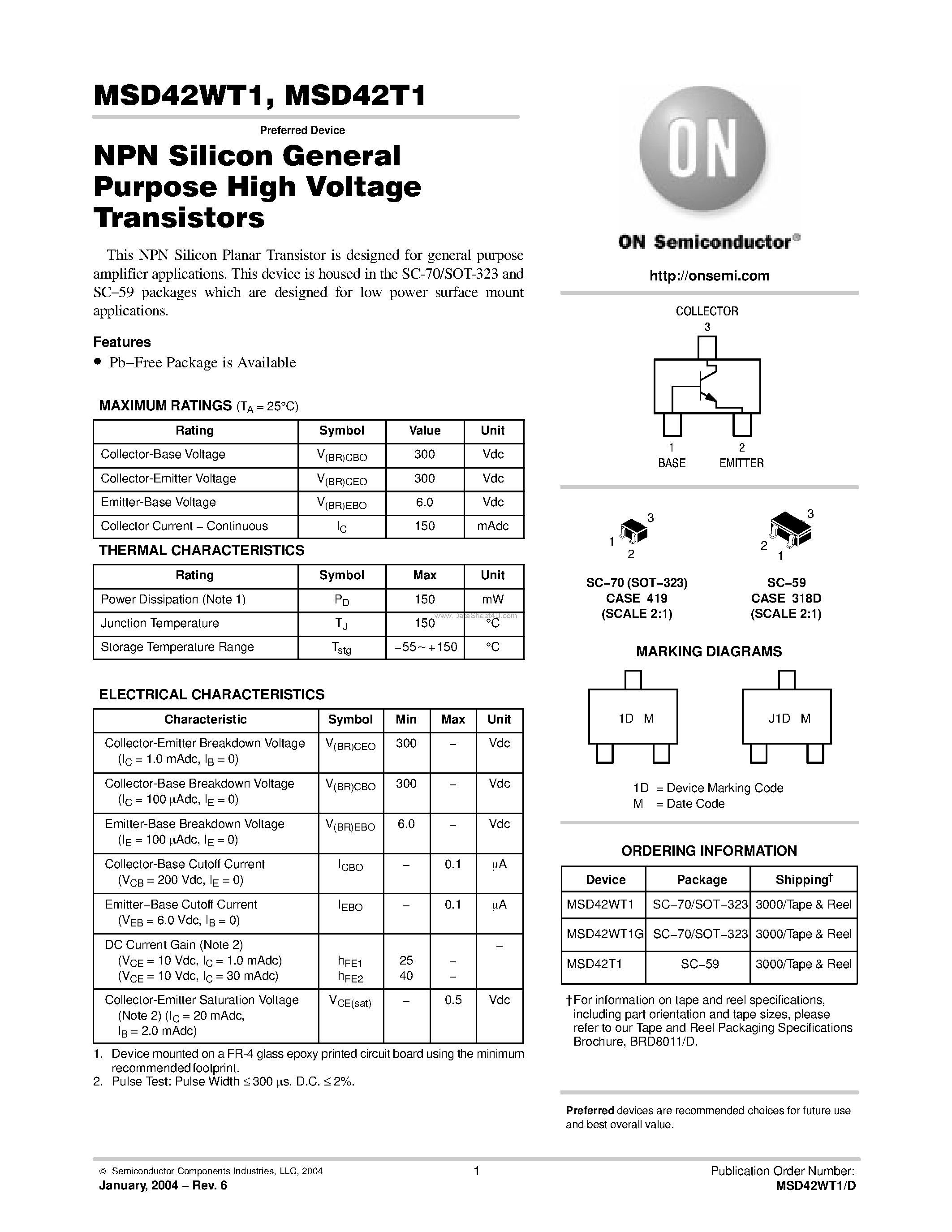 Datasheet MSD42T1 - NPN Silicon General Purpose High Voltage Transistors page 1