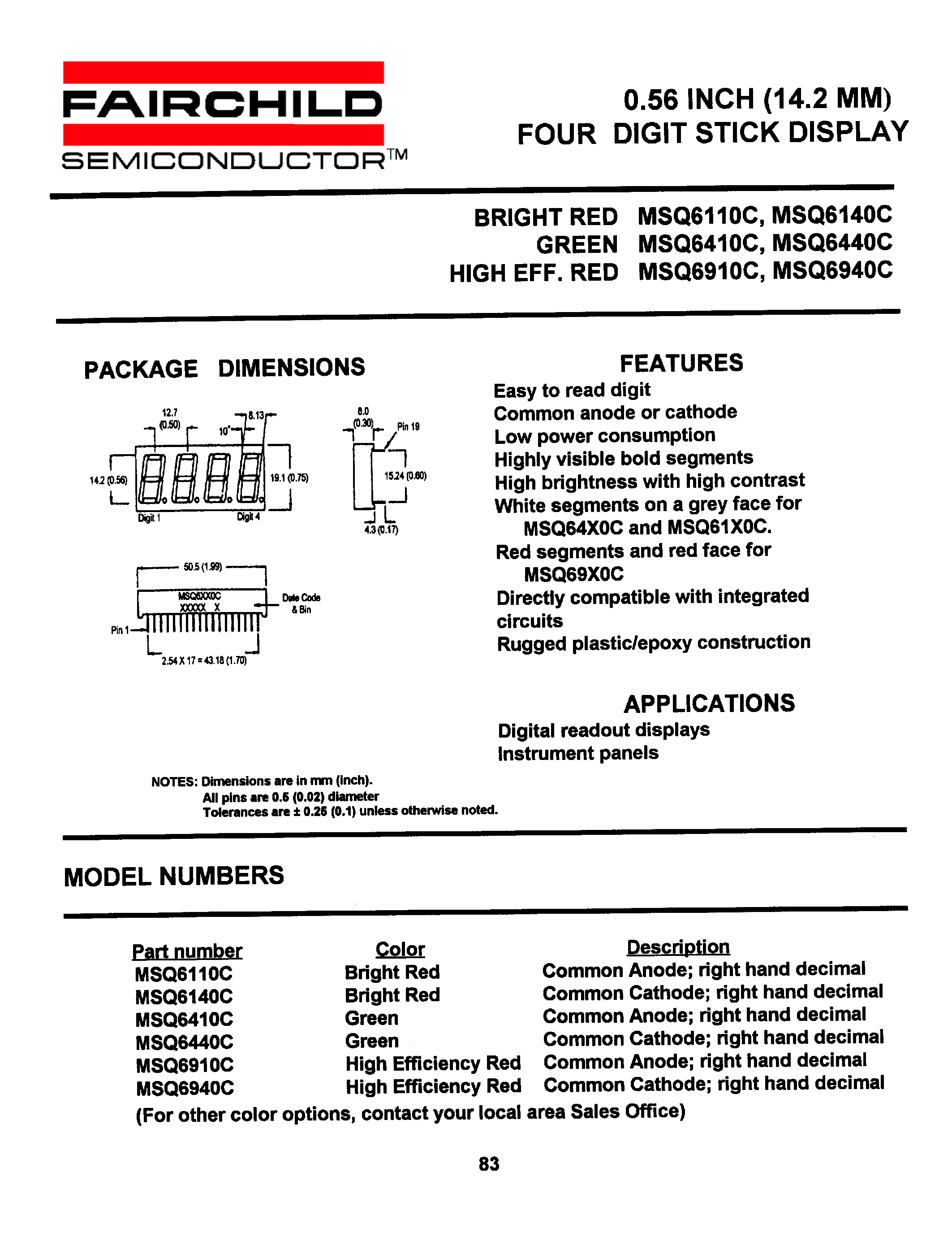 Datasheet MSQ6110C - (MSQ6110C - MSQ6940C) 0.56 INCH (14.2 MM) FOUR DIGIT STICK DISPLAY page 1