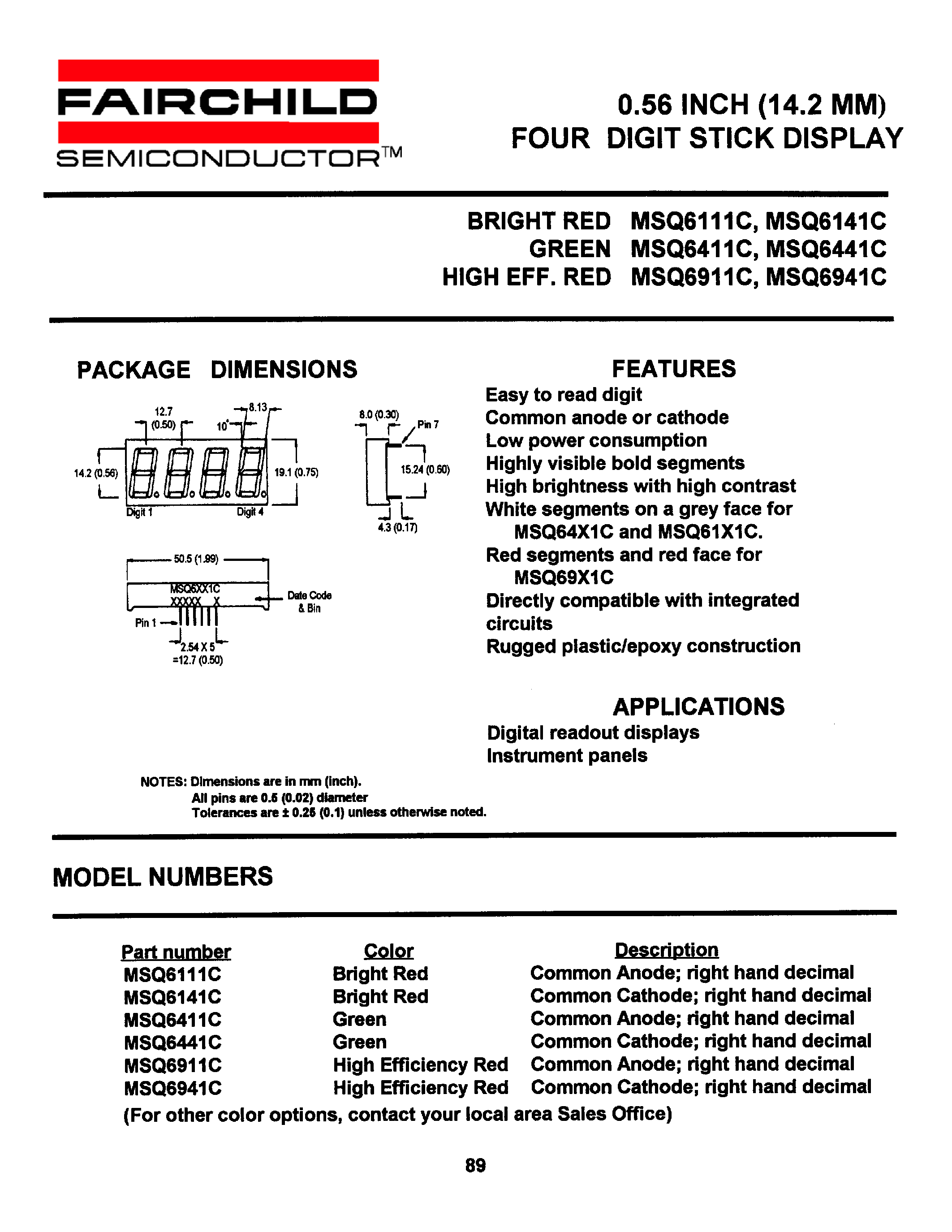 Datasheet MSQ6111C - (MSQ6111C - MSQ6941C) 0.56 INCH (14.2 MM) FOUR DIGIT STICK DISPLAY page 1